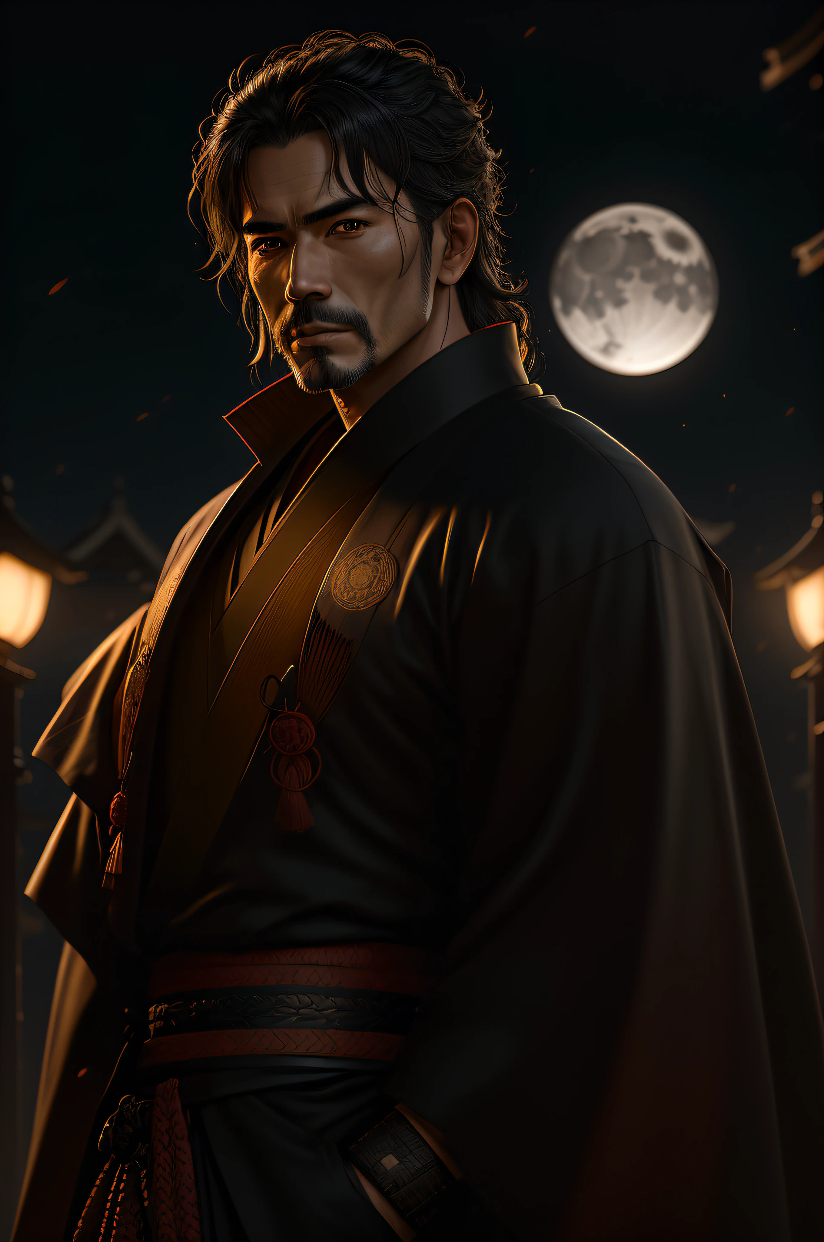best quality, (wide shot), cgsociety, 8k, ultrarealistic, handsome male samurai, kimono, open field, night, moon Cinematic light, intricate detail, detailed facial features, high detail, sharp focus, smooth, aesthetic, extremely detailed, (by greg rutkowski:1), (by luis royo:1), by artgerm, Stephen Kasner, John Picacio