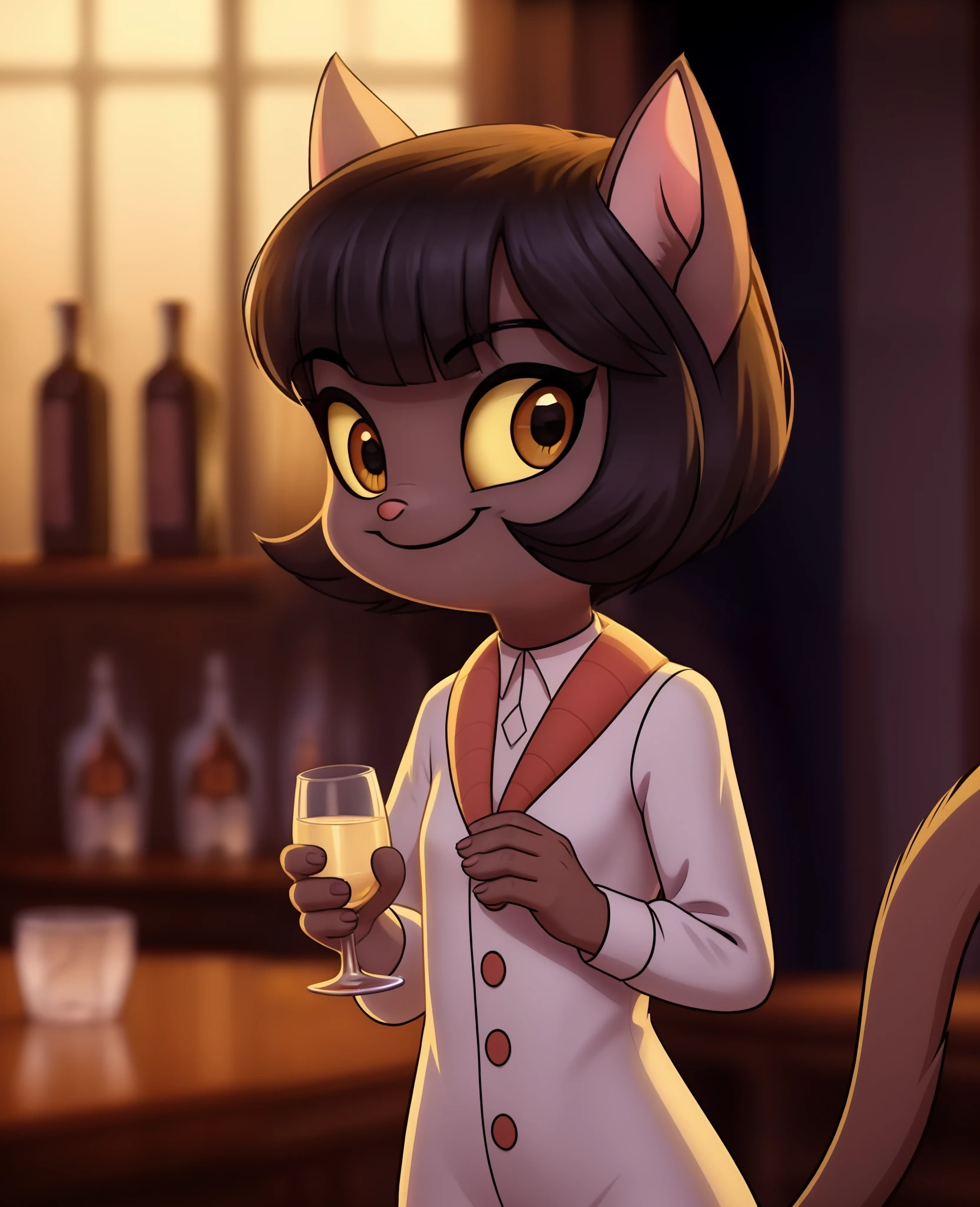 female, (Detailed face), (solo:1.1), [(thin:1.1) : small petite : (ivy pepper):4], (Detailed face), (more details, detailed background:1.1), (tail:1.1), smile, holding a glass in hand,