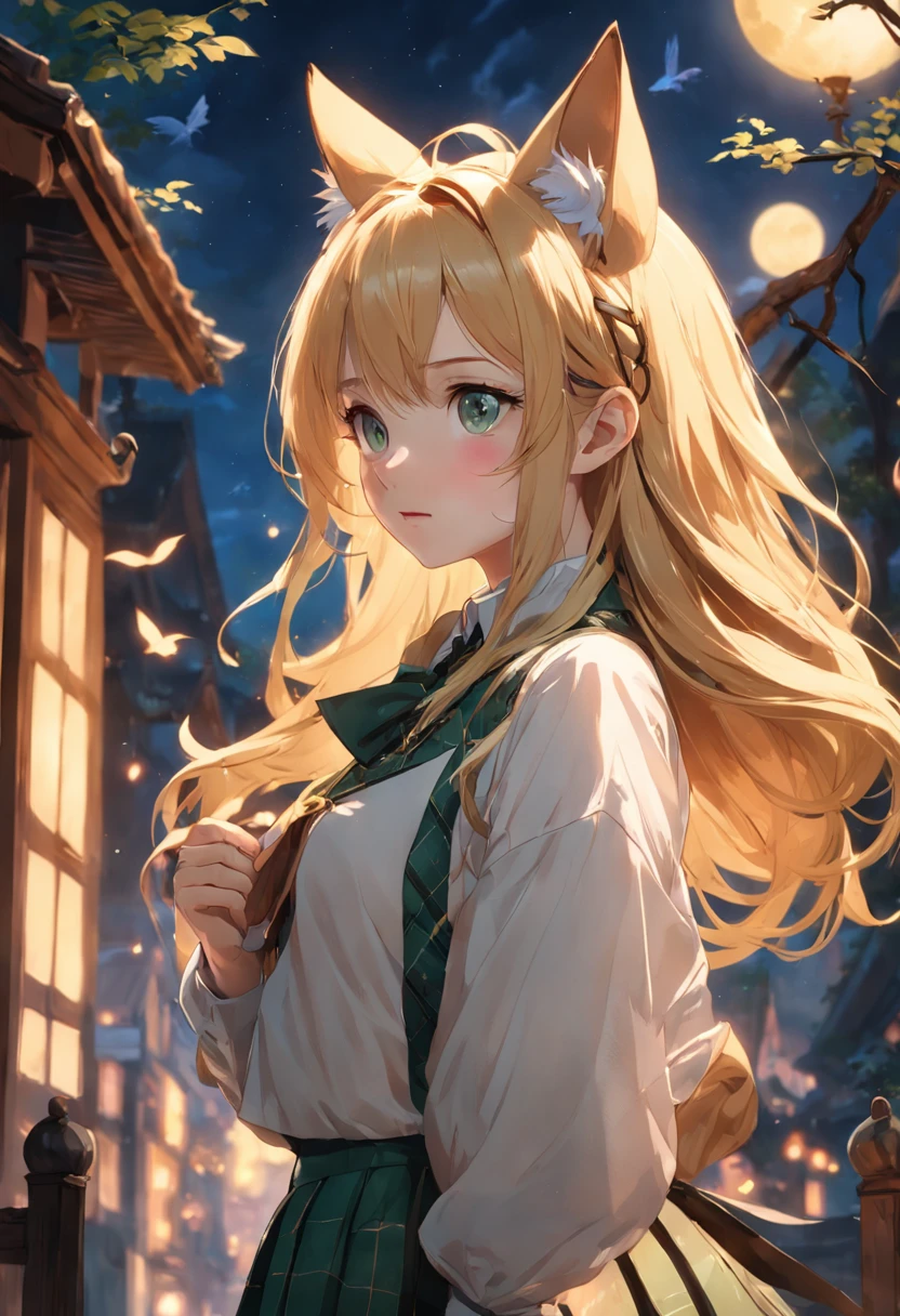 Side view, Miniform perspective, Sharp Shot, Professional Photogarphe, 70mm lens, Detail Love, good quality, unreal enginee 5, wall-paper, pockets, Highly detailed, 8K, Soft light, Fantasy, photos realistic、（European Girl、Golden hair、eye glass、）、（Fox Hat、Green Chicolle、White blouse、Plaid high-waisted skirt、garter stocking、Long braided boots）、（Full Moon Night、Dance happily in the forest）、Cute Girl Model Pictures、European Girl、Photorealistic perfect body