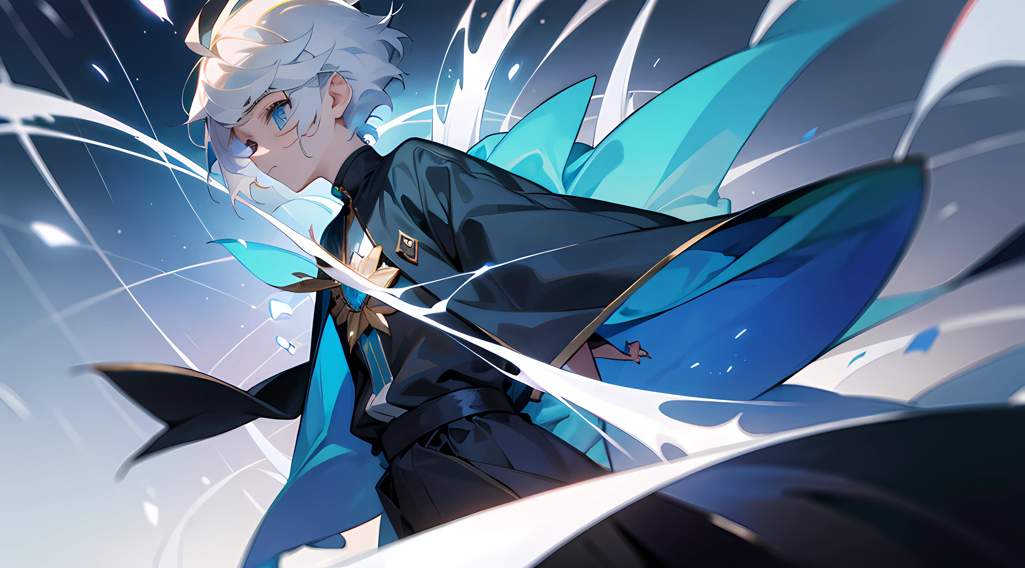 1 boy, cabelos brancos, olhos azuis, casting magic, 4k, alto detalhamento, adolescente, menino lindo
