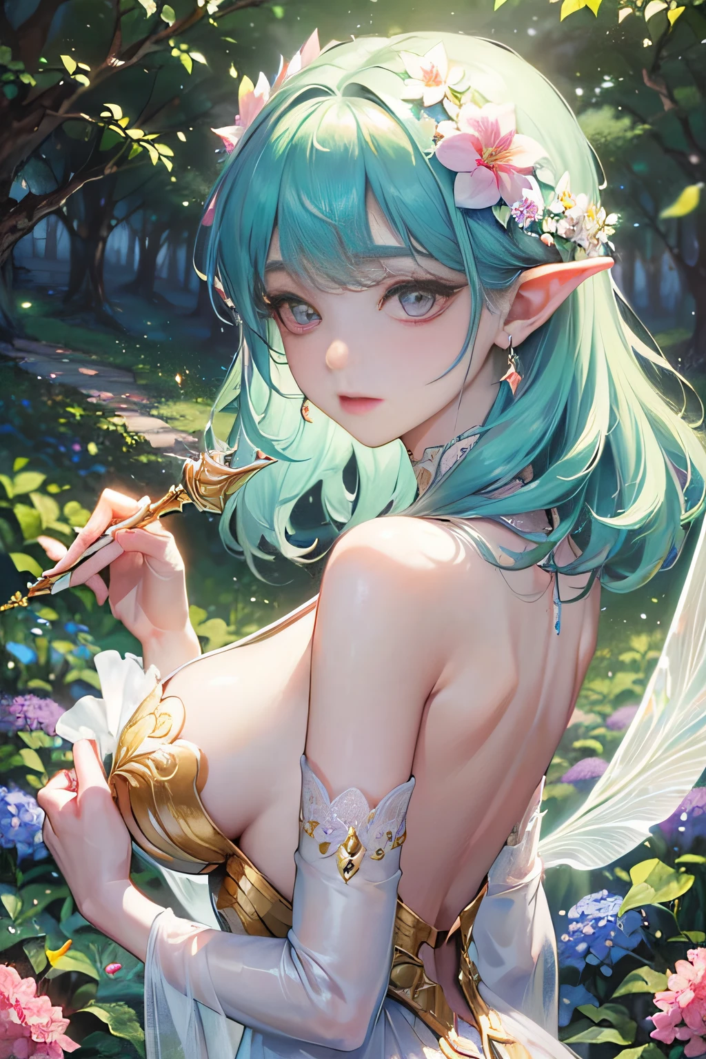 ((tmasterpiece)，((Best picture quality)，8K，high detal，super detailing，A beautiful and magical flower fairy，Delicate facial features，She held a wand in her hand，It emits a soft and brilliant glow，Symbolizes her love of magic and ability to bloom flowers and joy，She has translucent wings on her back，Fly in mid-air，Shimmering with bright colors like a rainbow，Fly in mid-air，Gracefully fly between two large trees full of flowers，The background is lush with flowers，Her presence fills the surroundings with a charming feeling，Cast a captivating glow on the scene，Her gown is woven from delicate flower petals and leaves，Blend in with the natural elements of your surroundings，，Her expression was calm，Reflecting her deep connection to nature and the harmonious energy flowing within her，closeup cleavage，realisticlying，highly  detailed，iintricate，The picture reflects the ethereal nature of the flower fairy，Blending her enchanting presence with the tranquil beauty of the natural world