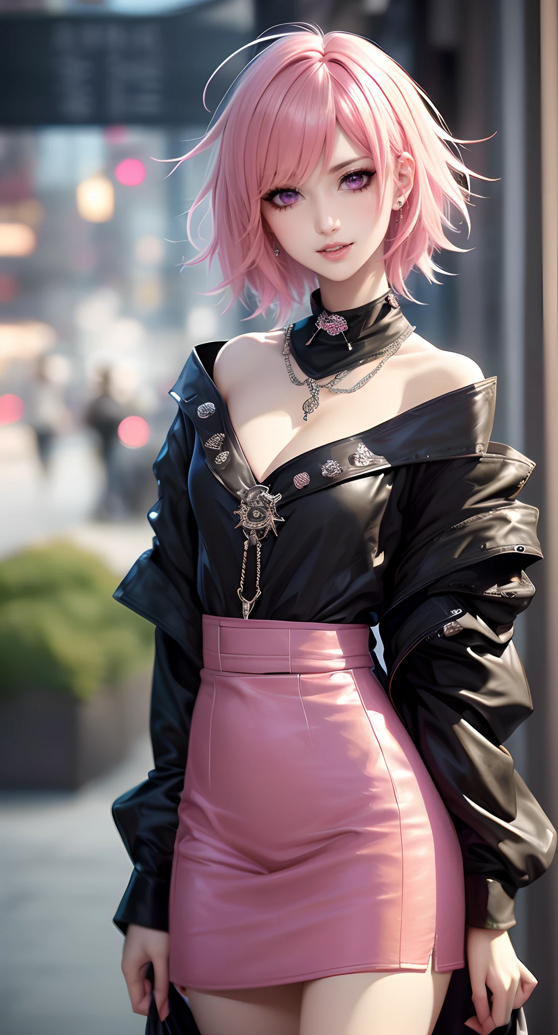 ​masterpiece, top-quality, ((1womanl)), Adults, different color, finely eye and detailed face, intricate detailes, Casual black and white attire((Sexy clothes)), window, A smile, Happiness, tenderness, high-level image quality、 selfee, Beautuful Women、tall、a small face, D-cups, The upper part of the body、nightfall, nighttime scene、𝓡𝓸𝓶𝓪𝓷𝓽𝓲𝓬、Korea person, Idol Photos, Model photo, k pop, Professional Photos, Vampires, Korean fashion in black and white, Fedoman with necklace, inspired by Sim Sa-jeong, androgynous vampire, :9 detailed face: 8, extra detailed face, detailed punk hair, ((eyes are brown)) baggy eyes, Seductive. Highly detailed, semi realistic anime, Vampires, hyperrealistic teen, Delicate androgynous princess, imvu, ((short hair woman)), Pink hair woman with wild look, Sexy look, ((Woman with short pink hair)), ((1 persons))