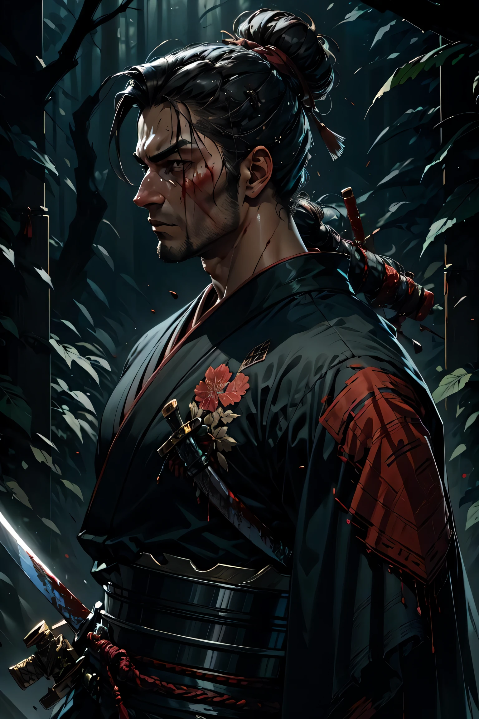 1man, samurai wearing intricately embroidered kimono, hardened veins, manbun, sword, bloody cloth, blood on face, somber expression, detailed cloth folds, detailed face and hair, dark scene, nature, from side, photoreal painting
