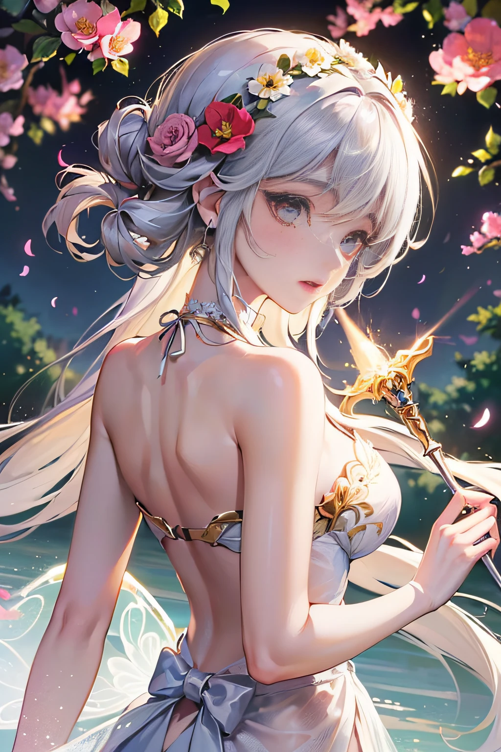 ((tmasterpiece),((Best picture quality),8K,high detal,super detailing,A beautiful and magical flower fairy,Delicate facial features,She held a wand in her hand,It emits a soft and brilliant glow,Symbolizes her love of magic and ability to bloom flowers and joy,She has translucent wings on her back,Fly in mid-air,Shimmering with bright colors like a rainbow,Fly in mid-air,Gracefully fly between two large trees full of flowers,The background is lush with flowers,Her presence fills the surroundings with a charming feeling,Cast a captivating glow on the scene,Her gown is woven from delicate flower petals and leaves,Blend in with the natural elements of your surroundings,,Her expression was calm,Reflecting her deep connection to nature and the harmonious energy flowing within her,closeup cleavage,realisticlying,highly detailed,iintricate,The picture reflects the ethereal nature of the flower fairy,Blending her enchanting presence with the tranquil beauty of the natural world