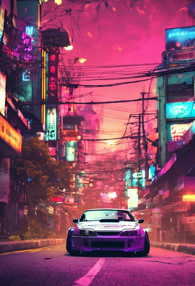 An image of a modified Japanese sports car with a vibrant livery and custom wheels, speeding on a deserted road at night.