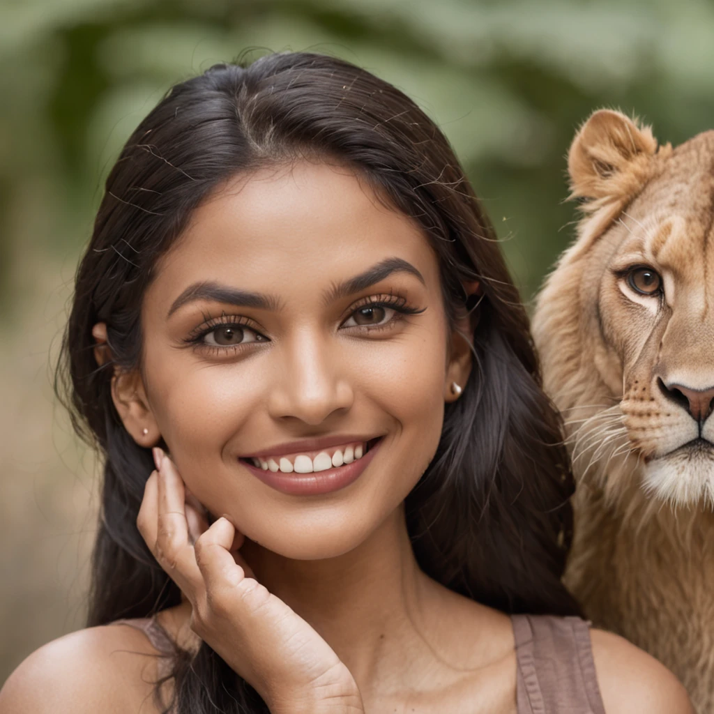 "flawless radiance, charismatic indian skincare blogger smiling, (HUNGRY LION ABOUT TO POUNCE IN BACKGROUND:1.3)