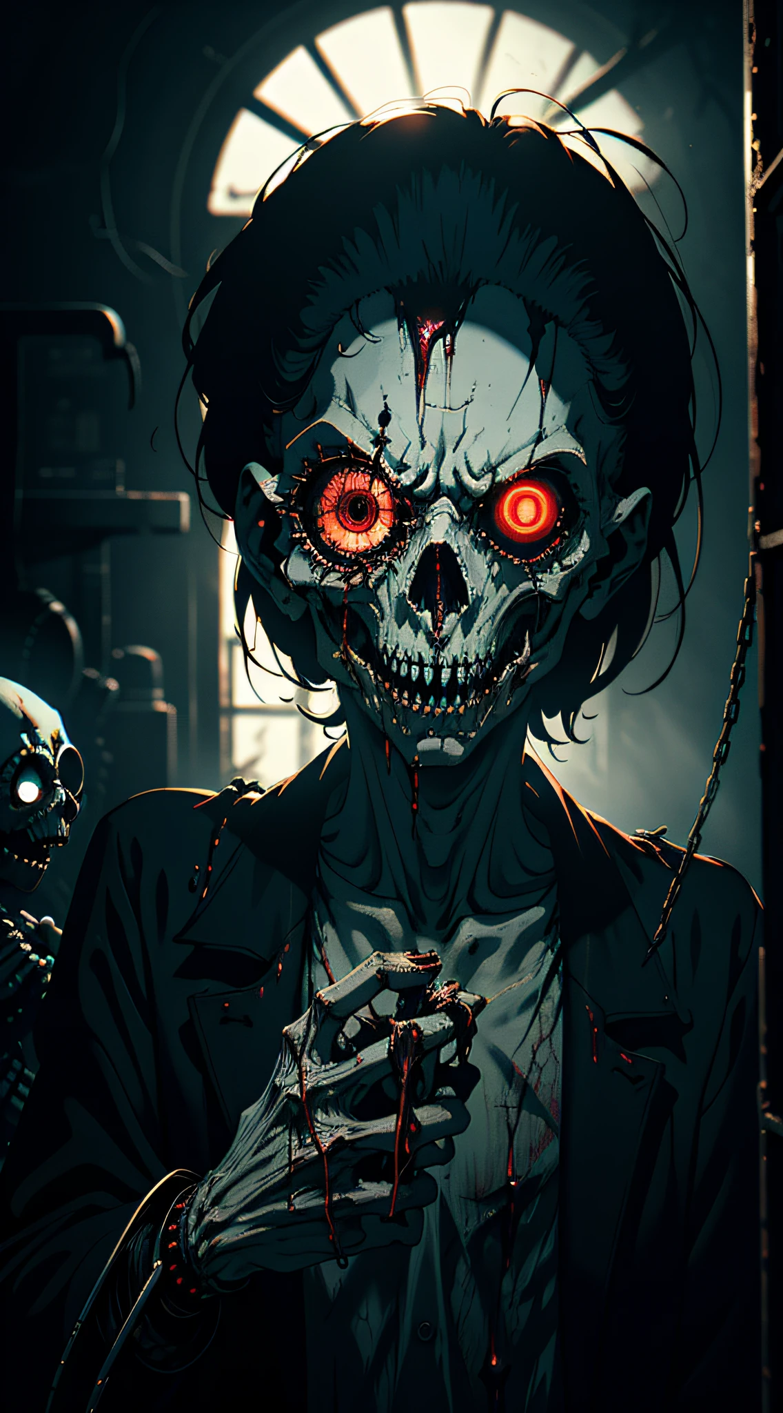 Cinematic Gleam 1 Enigmatic Presence, Masterpiece, Best Quality, Official Art, Highly Detailed CG Unity 8k Wallpaper, Menacing Glare, Possessed Puppet, Decrepit Psychiatric Ward, Ominous Obscure Aura, Bloodstained Palette, Frayed Garments, ((Horror Vibes))