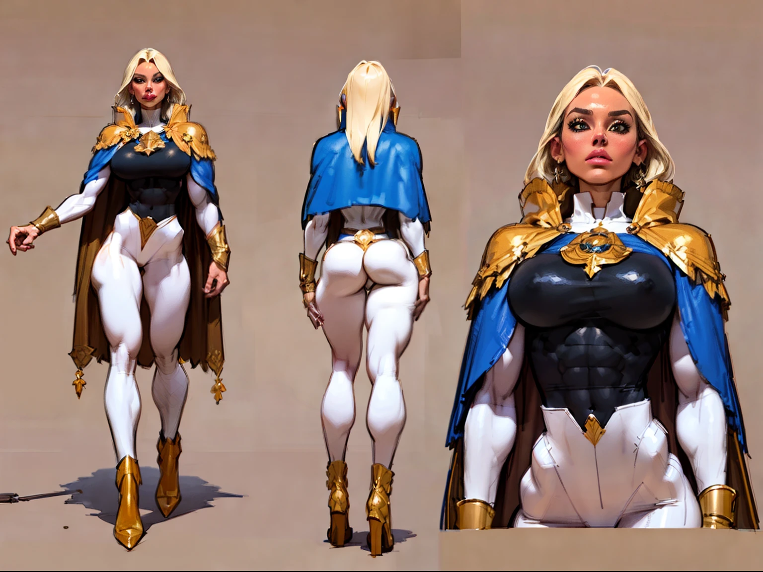 ((masterpiece)),(((best quality))),((character design sheet)), illustration,1woman, environment Scene change, muscular, (brown skin:1.4), (black legs), thick legs, (royalty cape:1.5), scribbles and marks, fire, ((detailed face:1.1)), rough sketches, pose too, platinum blonde, black and gold color palette, 8k,16k, (simple background, light background: 1.3)