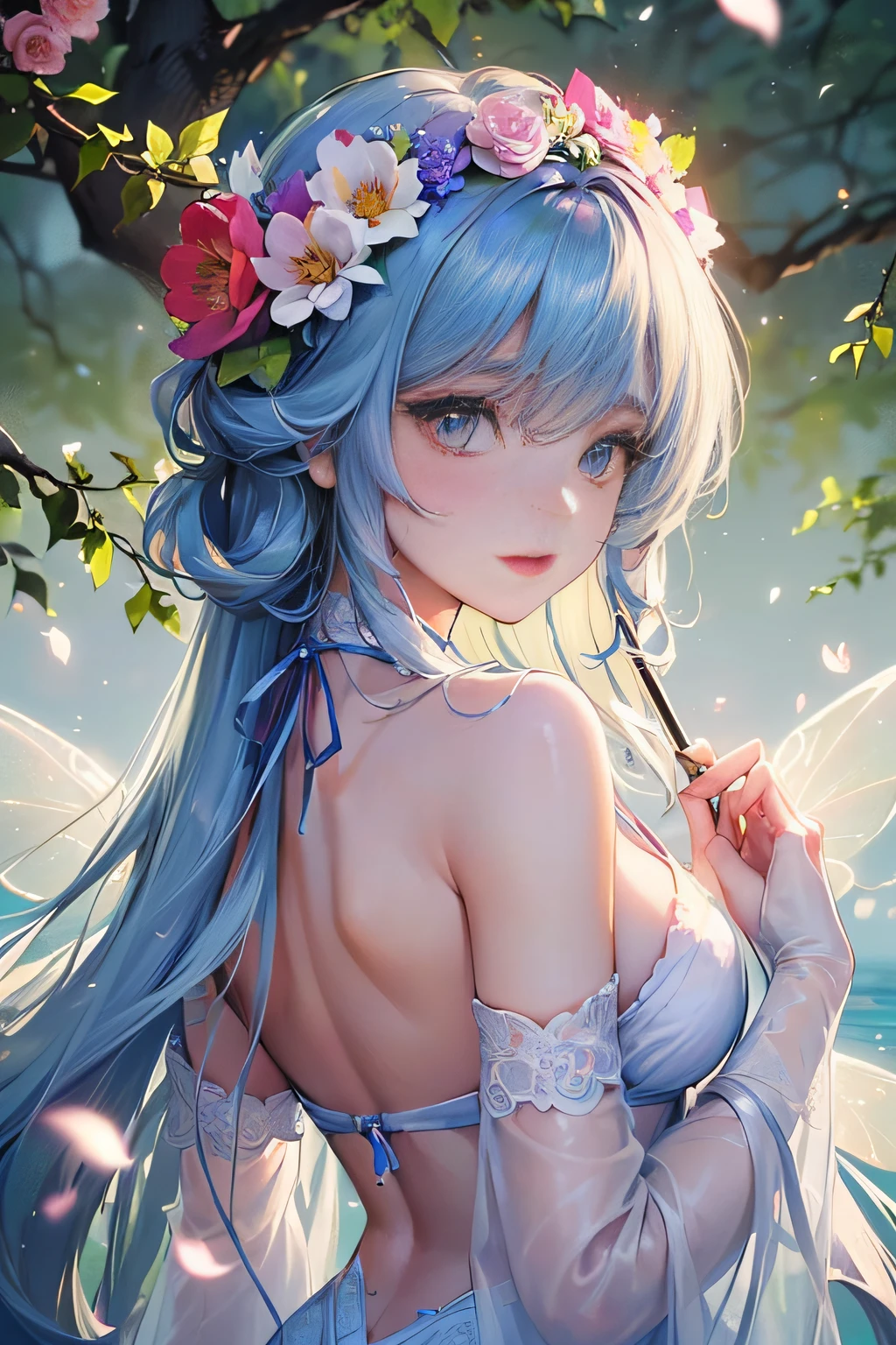 ((tmasterpiece),((Best picture quality),8K,high detal,super detailing,A beautiful and magical flower fairy,Delicate facial features,She held a wand in her hand,It emits a soft and brilliant glow,Symbolizes her love of magic and ability to bloom flowers and joy,She has translucent wings on her back,Fly in mid-air,Shimmering with bright colors like a rainbow,Fly in mid-air,Gracefully fly between two large trees full of flowers,The background is lush with flowers,Her presence fills the surroundings with a charming feeling,Cast a captivating glow on the scene,Her gown is woven from delicate flower petals and leaves,Blend in with the natural elements of your surroundings,,Her expression was calm,Reflecting her deep connection to nature and the harmonious energy flowing within her,closeup cleavage,realisticlying,highly detailed,iintricate,The picture reflects the ethereal nature of the flower fairy,Blending her enchanting presence with the tranquil beauty of the natural world