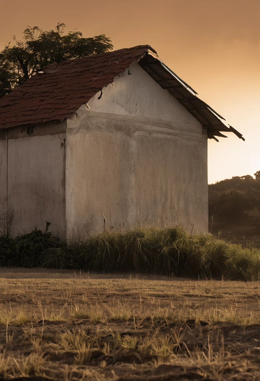 There is a small building in the middle of a field, New building, new buildings, late afternoon lighting, casa nova, next to farm fields and trees, luz do final da tarde, Directed by: Samuel Silva, estruturas bem cuidada, Directed by: CeFerí Olivé, mid morning lighting, New building, final de tarde, novo bem cuidado e limpo, nice afternoon lighting