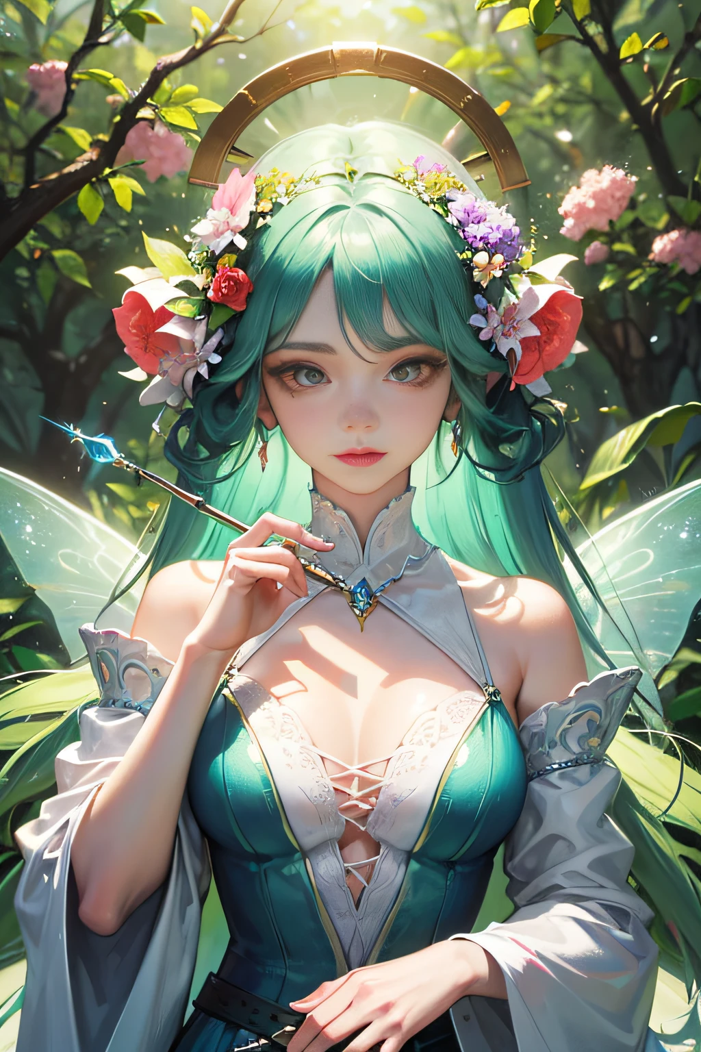 (Masterpiece), (best picture quality), 8K, high detail, super detail, a beautiful and magical flower fairy, with translucent wings on her back, flying in mid-air, flashing a rainbow of bright colors, flying in mid-air, elegantly flying between two trees covered with flowers, the background is lush with flowers, her presence fills the surroundings with charming feelings, Casting a mesmerizing light on the scene, her gown, woven from delicate petals and leaves, blends with the natural elements of her surroundings, she holds a wand in her hand, radiates a soft and brilliant light, symbolizing her love of magic and her ability to bloom flowers and joy, and her expression is calm as she sits in the tree, Reflecting her deep connection to nature and the harmonious energy that flows through her, close-up, realistic, highly detailed and intricate, the images embody the ethereal nature of the flower fairy, blending her captivating presence with the serene beauty of the natural world