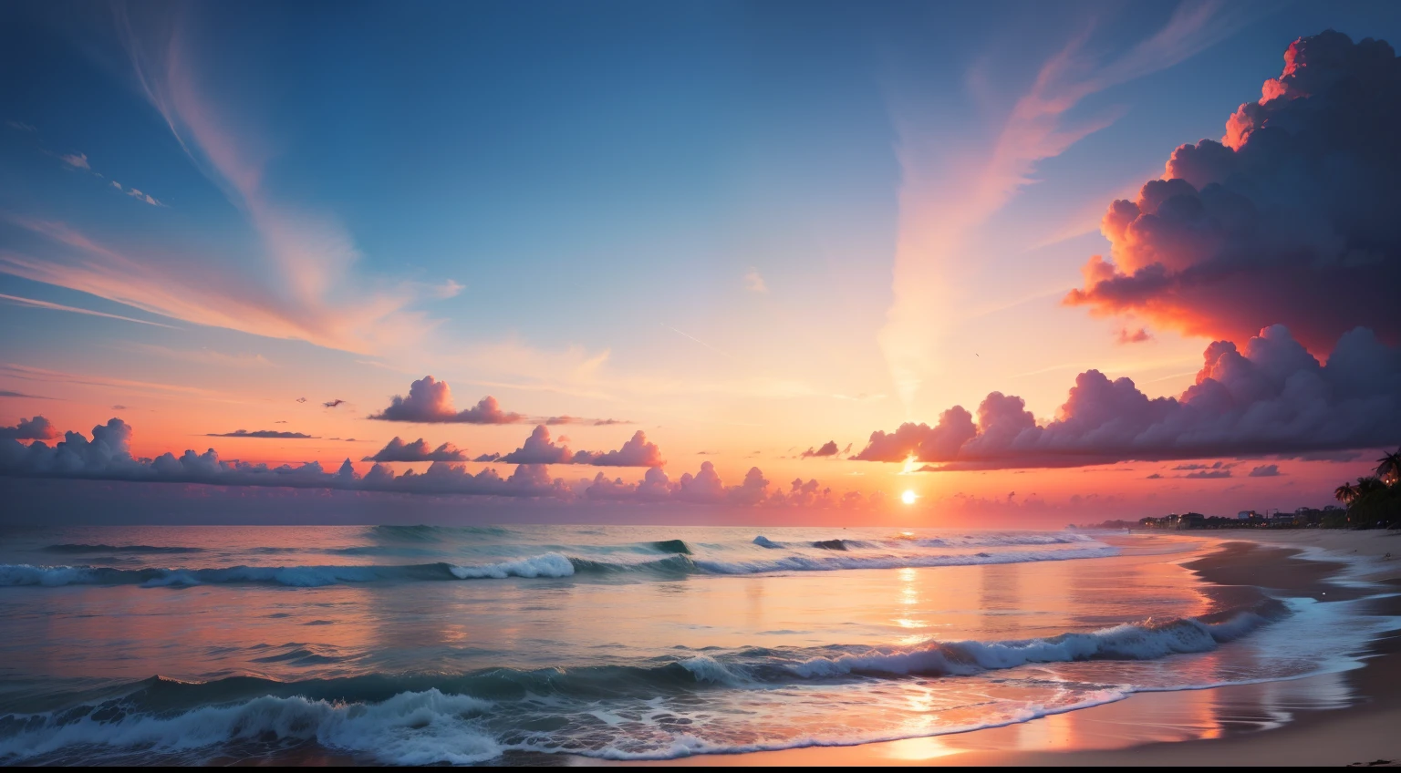 An absolutely mesmerizing sunset over the beach, with a mix of oranges, pinks and yellows filling the sky. The crystal clear waters of the sea gently kiss the shore, with a white sandy beach stretching far and wide. The scene is dynamic and breathtaking, with seagulls flying high in the sky and palm trees gently swaying. Enjoy the relaxing atmosphere and let the peace flood you.