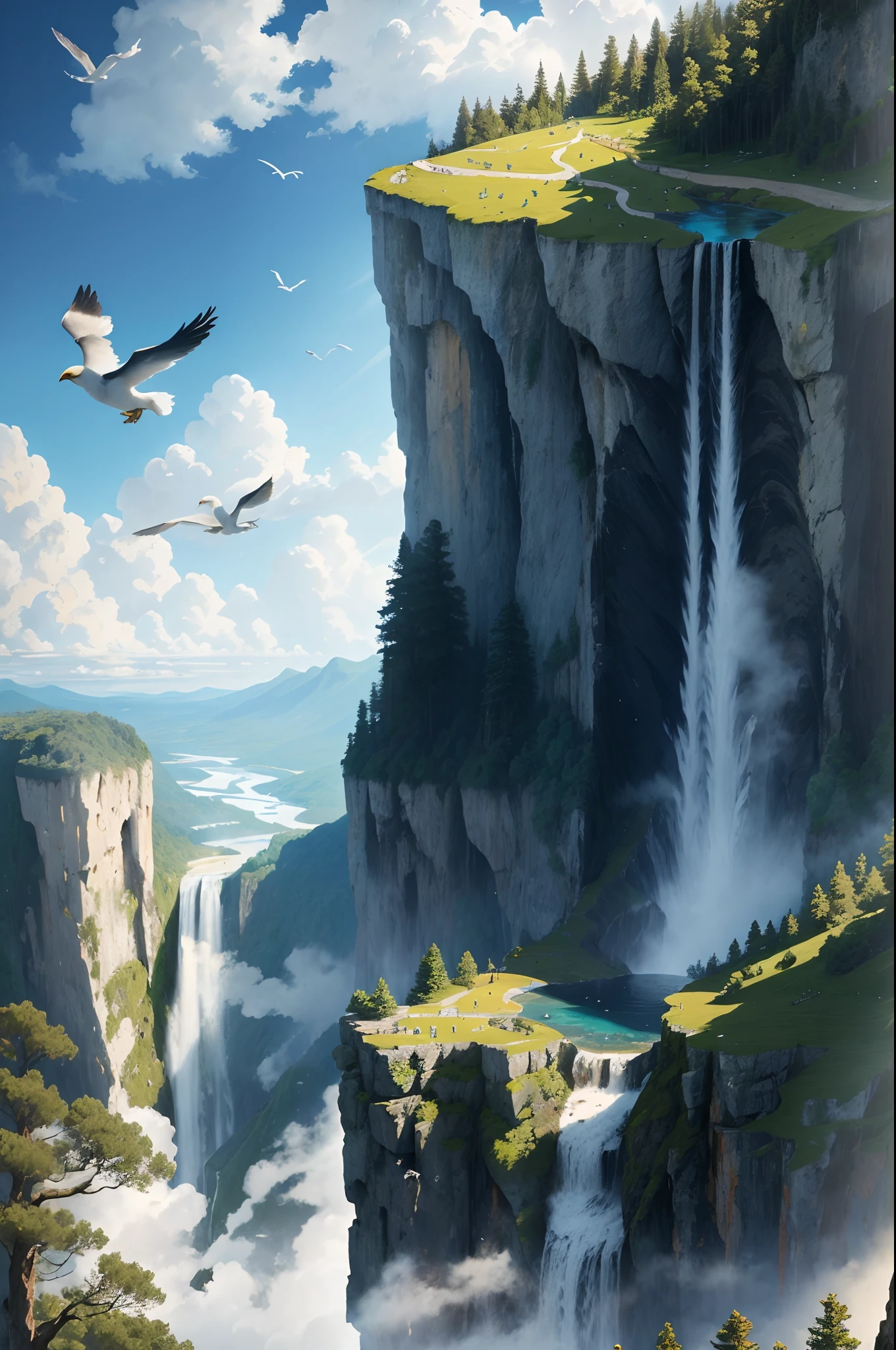 Flying on the cliff, above the very high waterfall, look down on the fluctuating pond, high sunlight, blue sky, white cloud, birds, forest, trees, 8K, masterpiece, best quality, high resolution, extremely full detailed