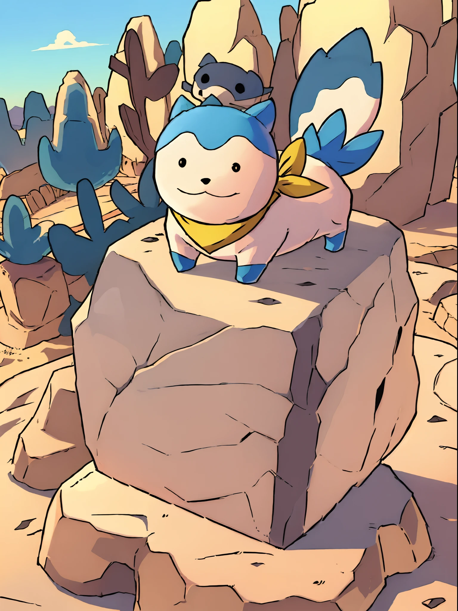 1 figure, sommie as a god on a pedestal, sunglasses, pokemon_(creature), no_human, no_humans, perfect anime illustration, beautiful desert landscape, masterpiece, best quality, animal_ears, yellow_scarf, closed_mouth, smile, blue tail