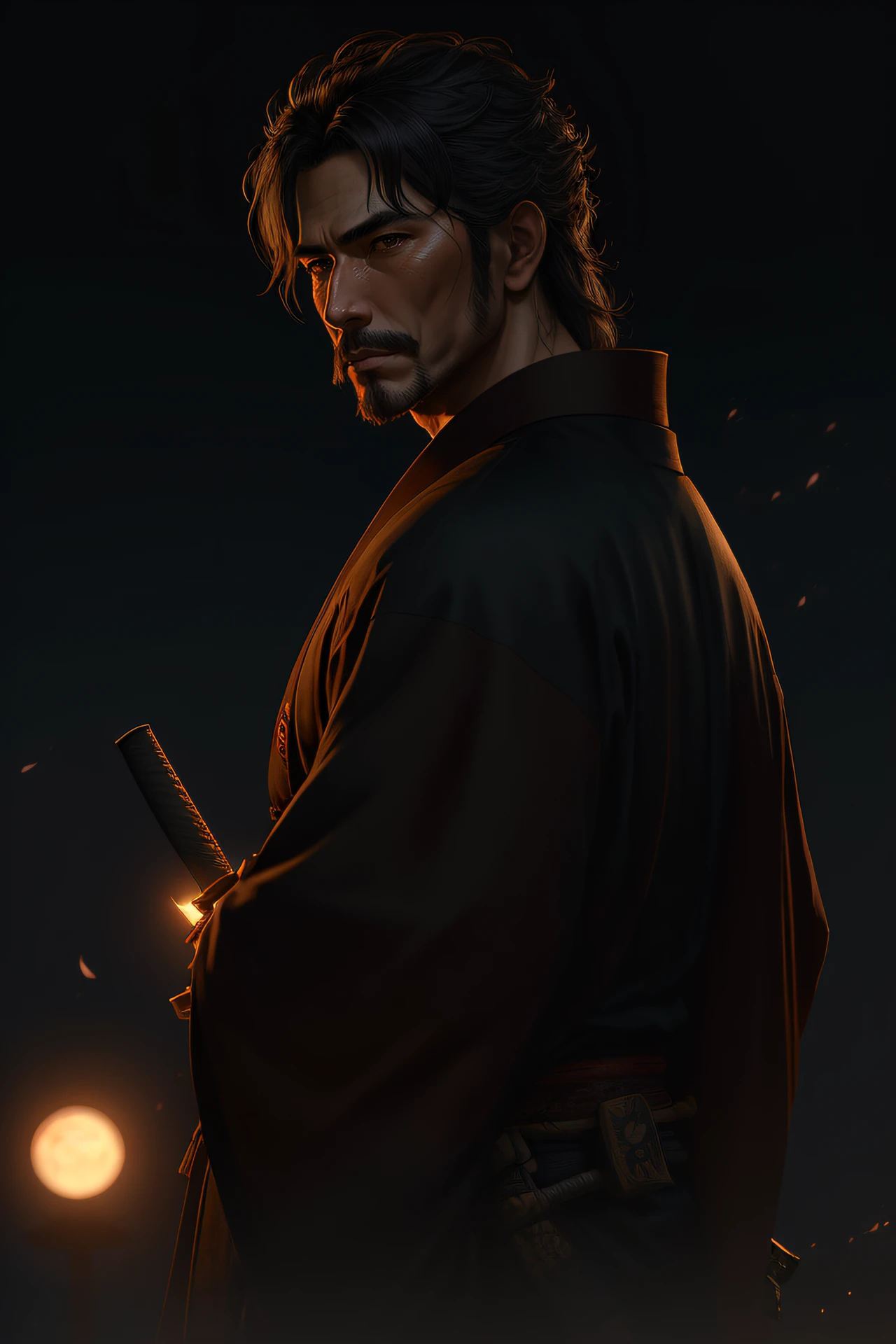 best quality, (wide shot), cgsociety, 8k, ultrarealistic, handsome male samurai, kimono, open field, night, moon Cinematic light, intricate detail, detailed facial features, high detail, sharp focus, smooth, aesthetic, extremely detailed, (by greg rutkowski:1), (by luis royo:1), by artgerm, Stephen Kasner, John Picacio