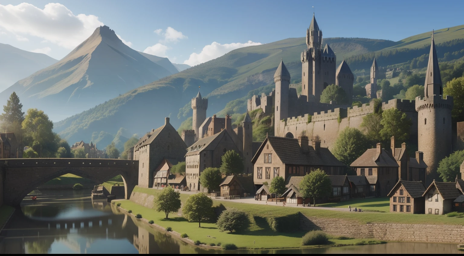 big fantasy medieval merchant town, on the lakeside, detailed, city walls