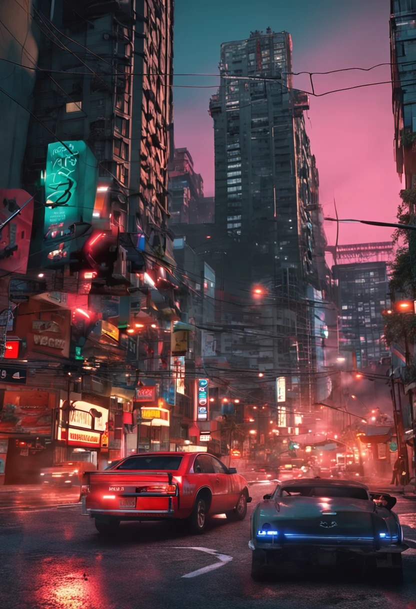 scenecy, ciberfuturístico, garota com arma empunhada, ruas movimentadas, carros iluminados, luzes vibrantes