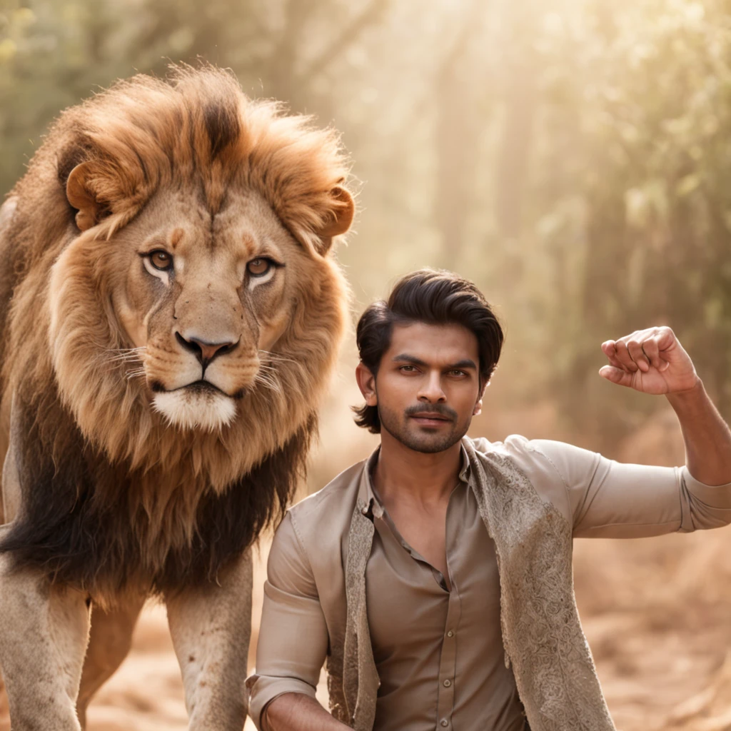 Lion attacking a handsome Indian man,glowing skin, jungle, volumetric lighting