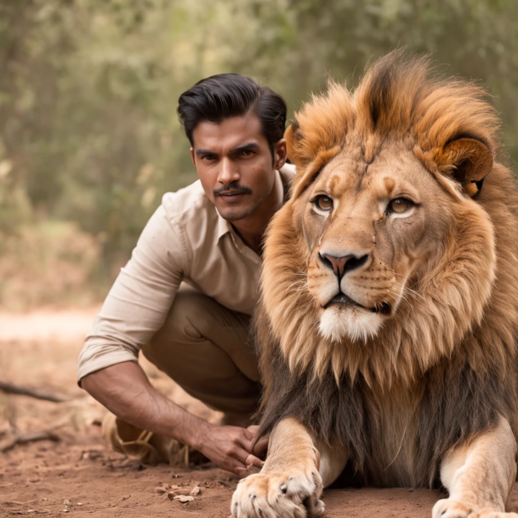 Lion attacking a handsome Indian man,glowing skin, jungle, volumetric lighting