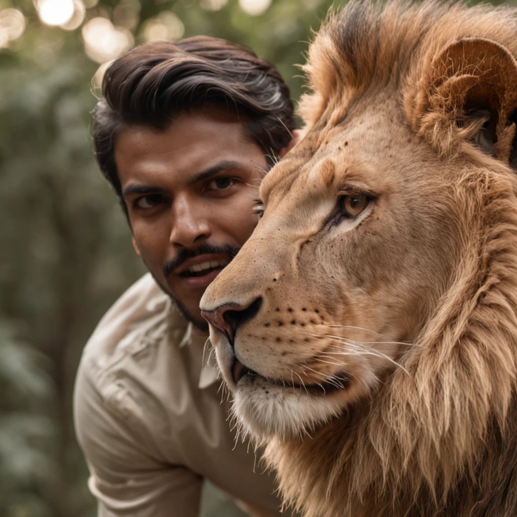 Lion attacking a handsome Indian man,glowing skin, jungle, volumetric lighting