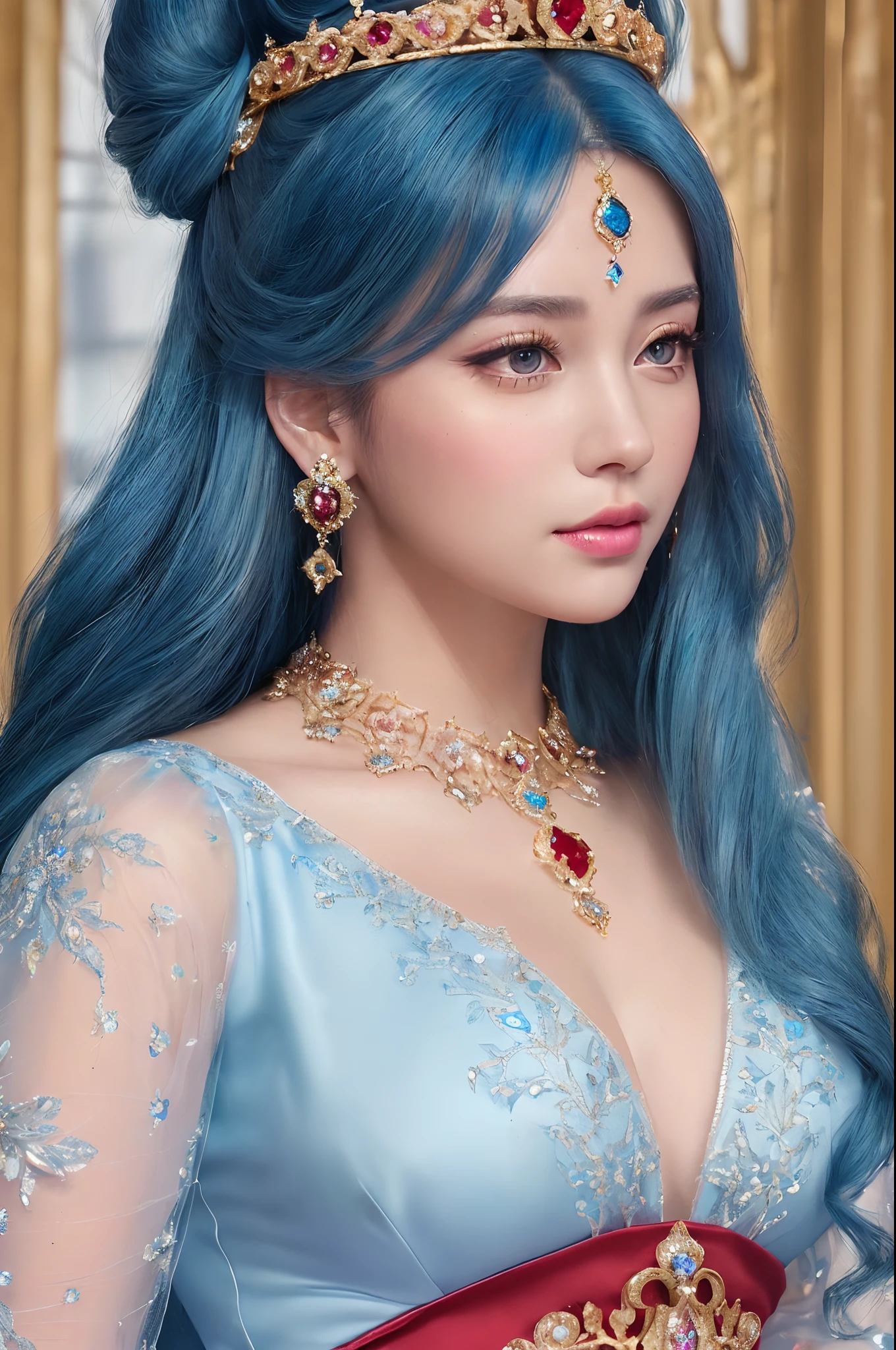 ((Realisticity: 1.2)), ((Best resolution: 8K UHD)), Best quality,Masterpiece,A high resolution,CG,
((1 Super detailed and super realistic girl)), ((The very beautiful queen is dazzling, Super realistic, and super detailed)),((White skin, Beautiful, smooth, Youthful, Super realistic and super detailed
)), Long hair, ((Super realistic and super detailed dress)), Solo, ((Super realistic, Super beautiful, Gorgeous and ultra-detailed jewelry)), ((Super beautiful, Super realistic and super detailed crimson and gold dress)),
((Super beautiful, Super realistic, Ultra-fine diamond-filled earrings)),
((Super beautiful, Super realistic and super detailed diamond filled hair accessories)), ((Super beautiful upper body, Super beautiful, Super realistic and super detailed)), ((Big breasts: 2.5)),
((Super Big, Super realistic and super detailed royal palace background))
((Super beautiful, Super beautiful, Super realistic and super detailed bun)), ((Super beautiful, Super realistic and super detailed blue hair)),
candid, photographed, high resolution, 8K,Bokeh,