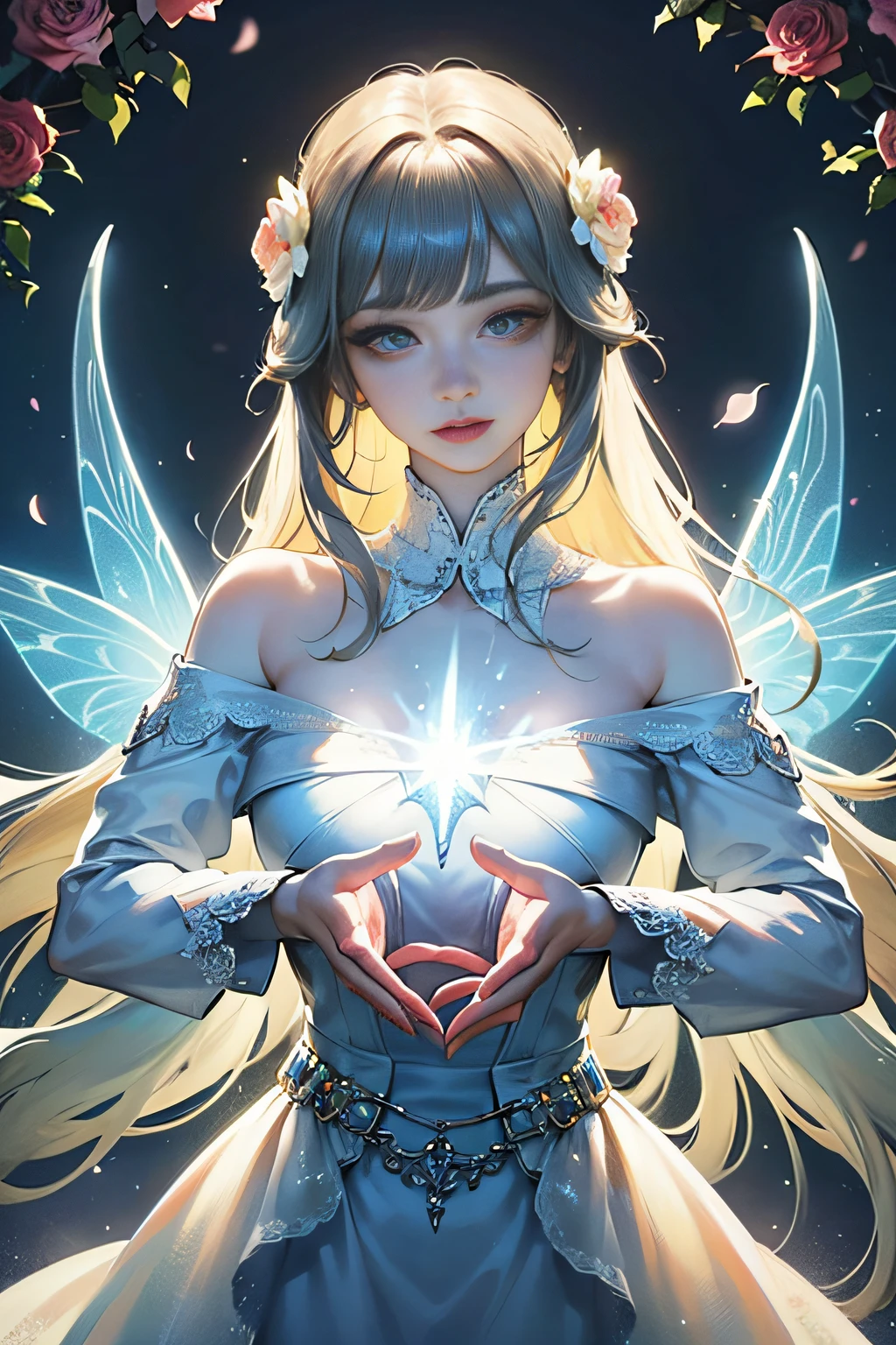 (Masterpiece), (best picture quality), 8K, high detail, super detail, a beautiful and magical flower fairy, with translucent wings on her back, flying in mid-air, flashing a rainbow of bright colors, flying in mid-air, elegantly flying between two trees covered with flowers, the background is lush with flowers, her presence fills the surroundings with charming feelings, Casting a mesmerizing light on the scene, her gown, woven from delicate petals and leaves, blends with the natural elements of her surroundings, she holds a wand in her hand, radiates a soft and brilliant light, symbolizing her love of magic and her ability to bloom flowers and joy, and her expression is calm as she sits in the tree, Reflecting her deep connection to nature and the harmonious energy that flows through her, close-up, realistic, highly detailed and intricate, the images embody the ethereal nature of the flower fairy, blending her captivating presence with the serene beauty of the natural world