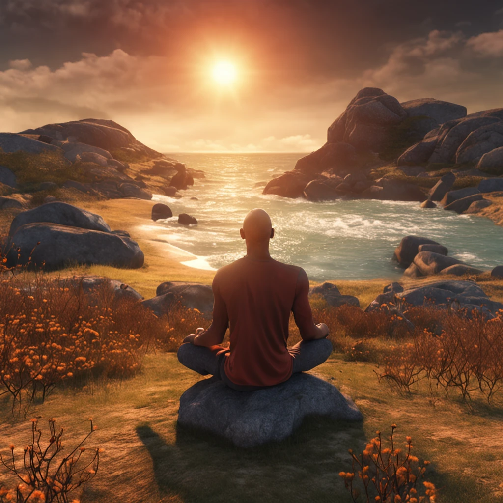 Mature man sitting in meditation position, contemplando um horizonte lindo com o sol se pondo, Man is in deep connection with the divine, The landscape is ultra detailed, homem ultra realista, tudo bem detalhado e lindo, ultra qualidade. Realismo 8K