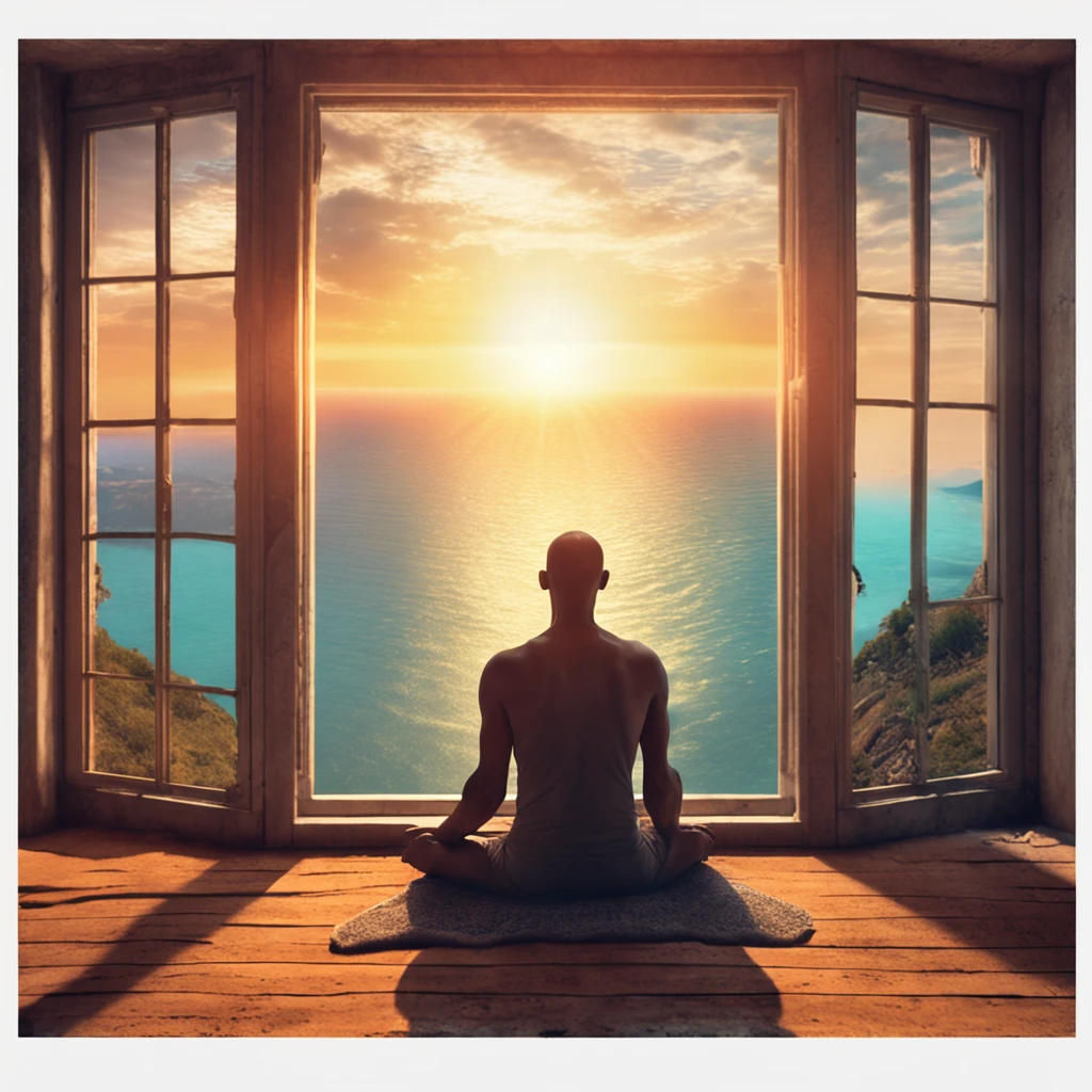 Mature man sitting in meditation position, contemplando um horizonte lindo com o sol se pondo, Man is in deep connection with the divine, The landscape is ultra detailed, homem ultra realista, tudo bem detalhado e lindo, ultra qualidade. Realismo 8K