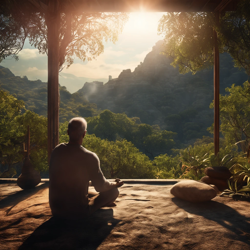 Mature man sitting in meditation position, contemplando um horizonte lindo com o sol se pondo, Man is in deep connection with the divine, The landscape is ultra detailed, homem ultra realista, tudo bem detalhado e lindo, ultra qualidade. Realismo 8K
