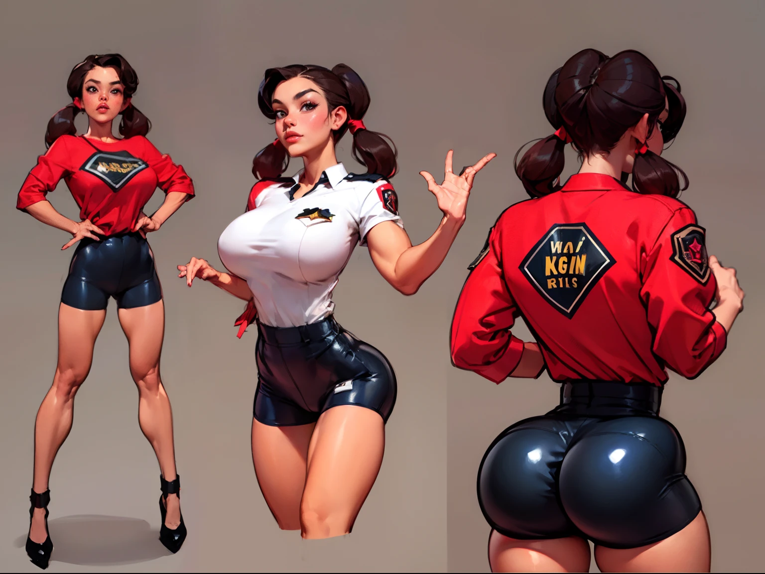 ((masterpiece)),(((best quality))),((character design sheet)), illustration,1woman, environment Scene change, (low twin Tails:1.4),((park ranger)), muscular, white legs, thick legs, (pale skin:1.3)scribbles and marks, (gigantic ass:1.4) blue cargo shorts, ((detailed face:1.1)), rough sketches, (puffy lips:1.4), pose too, ((red hair:1.3)), (park ranger outfit:1.5) , 8k,16k, (simple background, light background: 1.3)