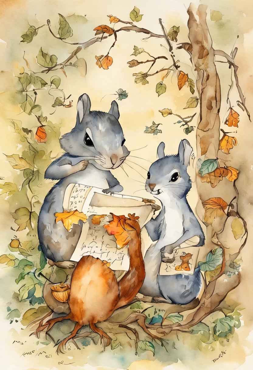 Create an image that matches the following sentence: The squirrel was looking for nuts when he suddenly finds an old scroll buried in the forest;. O coelho passa hopping por perto e fica curioso sobre o que o esquilo descobriu. Together they examine the mysterious scroll filled with strange drawings and symbols. Seria este o mapa de um tesouro perdido?