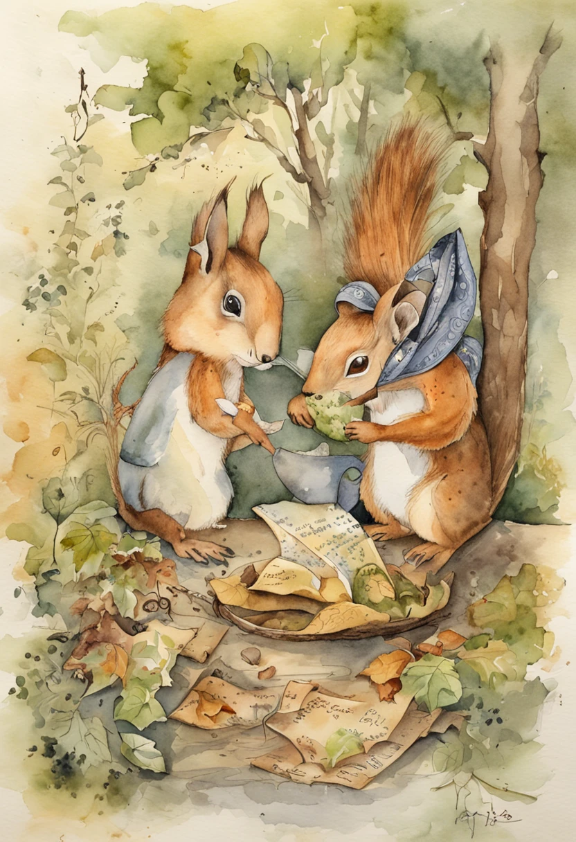 Create an image that matches the following sentence: The squirrel was looking for nuts when he suddenly finds an old scroll buried in the forest;. O coelho passa hopping por perto e fica curioso sobre o que o esquilo descobriu. Together they examine the mysterious scroll filled with strange drawings and symbols. Seria este o mapa de um tesouro perdido?