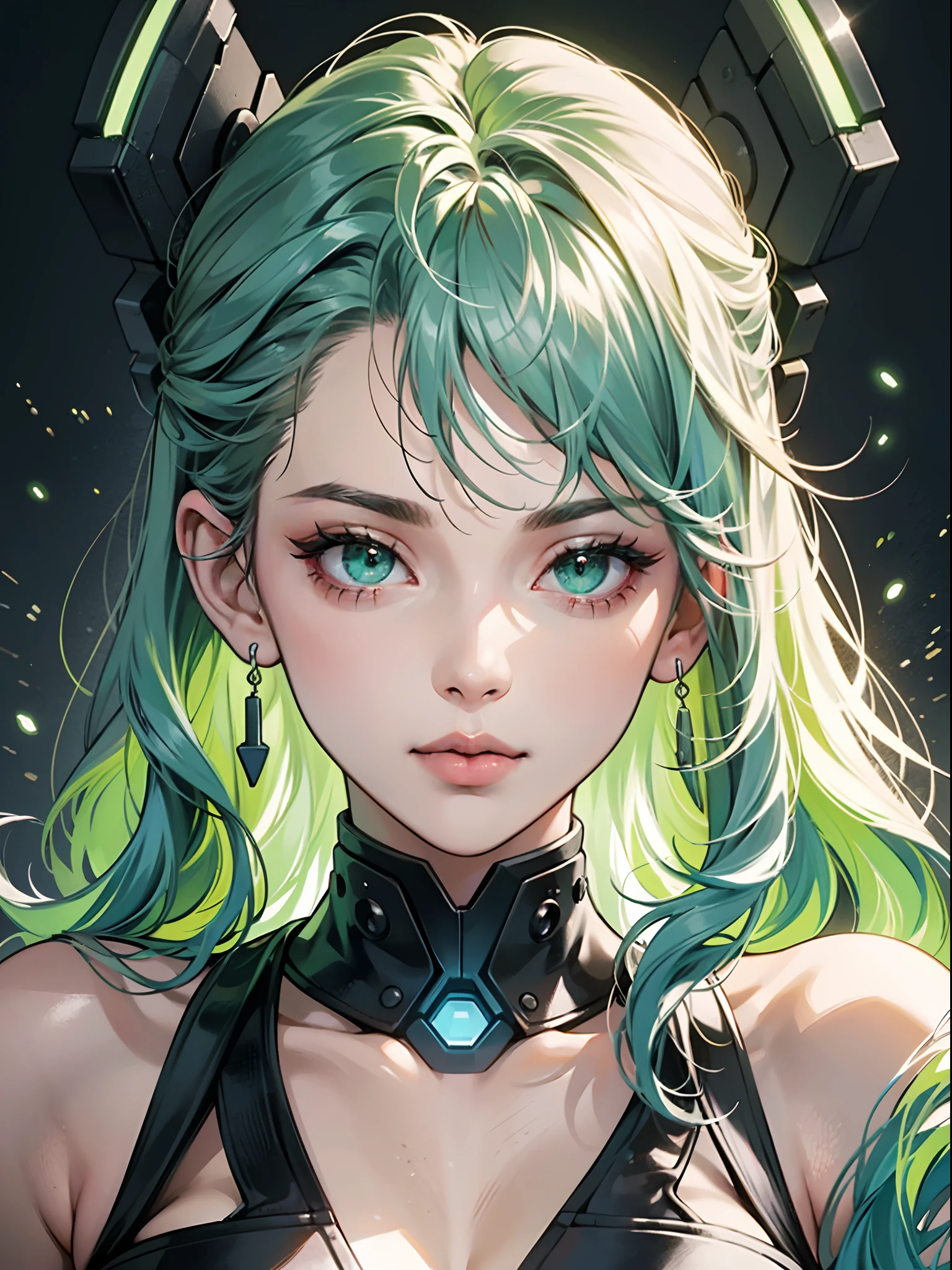 ((Portrait)), She has an Intellectual Appearance, with Crystal Green Hair, Youthful Charm, Thick Breasts, Pale Skin, and a Slim Build. She Expresses a Serious and Intelligent Look, Giving Off a Regal Attitude. She has Bright Turquoise Eyes, and Her Hair is Long and Wavy, Crystal Green, Tied in a Large High Ponytail, with Long Strands Falling Over Her Forehead. She Wears a High-Cut Sleeveless Bodysuit, with a High Neck, Zippers and Buckles, and Tight Tactical Straps, Emphasizing Her Thick Breasts, and Clear Glasses. ((Portrait, HDR, Dark Background))