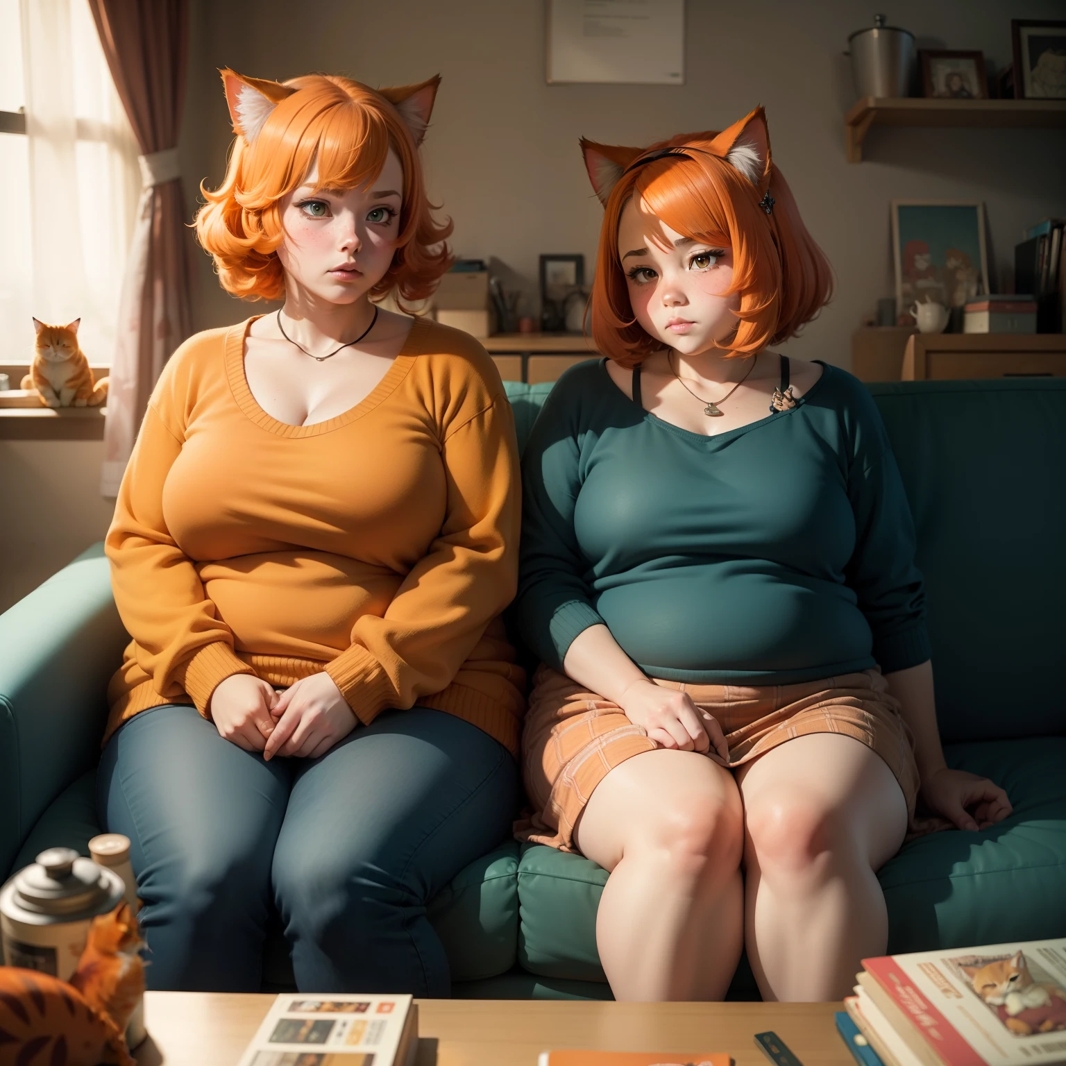 American anime style,Grotesque small-town style characters,Female and fat orange cat,Snuggle up on the couch,In a cozy cluttered room,Warm feeling