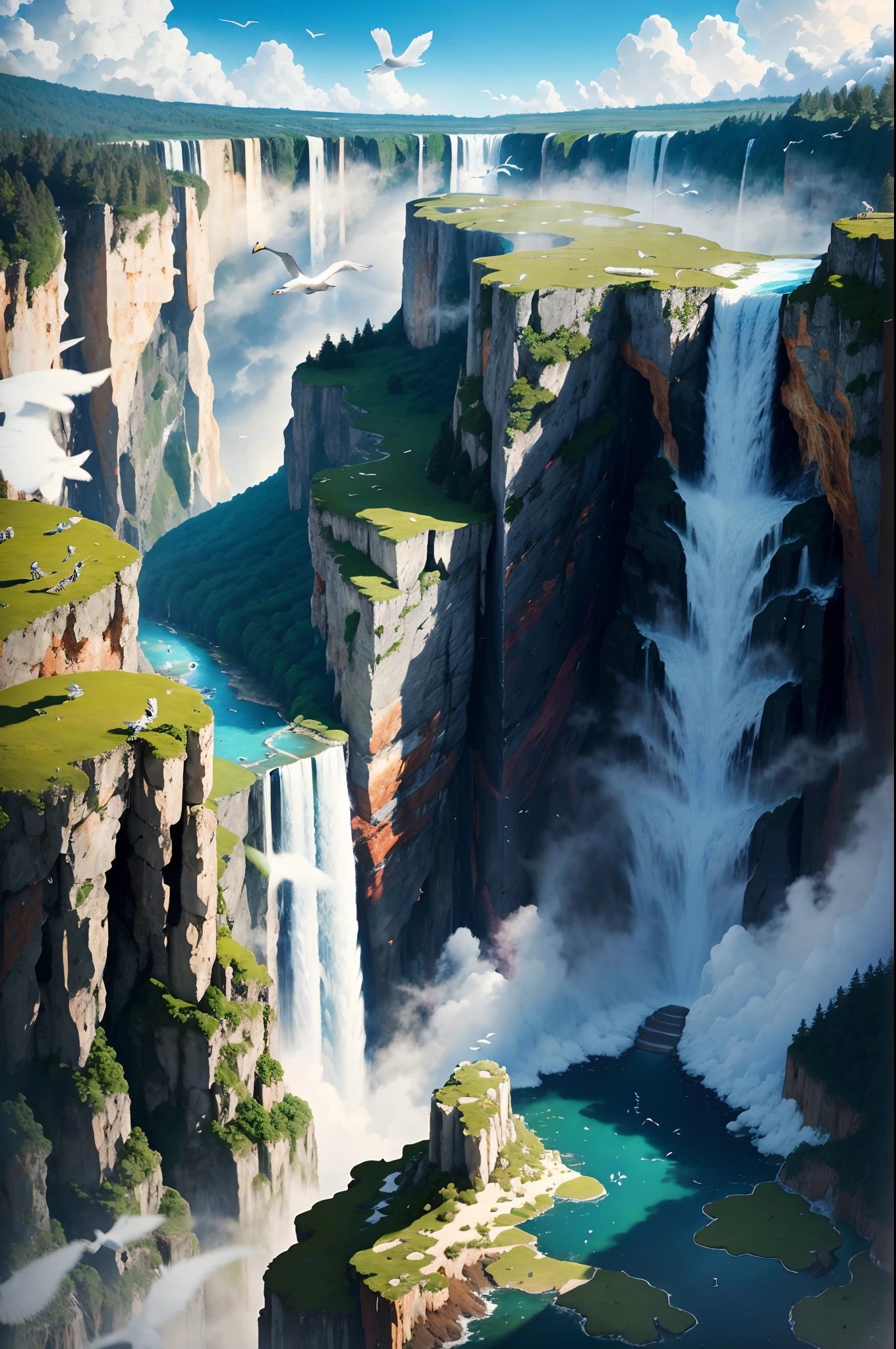 Flying on the cliff, above the very high waterfall, look down on the fluctuating pond, high sunlight, blue sky, white cloud, birds, forest, trees, 8K, masterpiece, best quality, high resolution, extremely full detailed