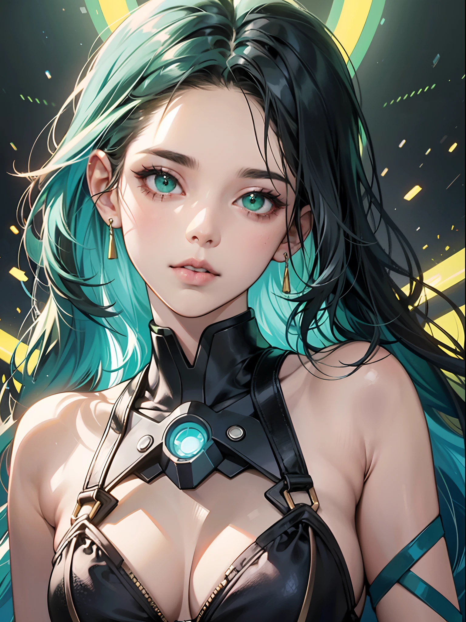 Um retrato que destaca meio corpo de uma garota de cabelos pretos com uma mecha azul e olhos verdes. She is wearing a black dress with gold details in the cyberpunk style. The lighting emphasizes your green eyes, while the setting is inspired by a futuristic and neon atmosphere. O artista Hajime Sorayama traz seu hiper-realismo futurista para a pintura digital, using chrome tones and ultra-precise details to create a stunning depiction of the girl. The main colors are black, electric blue and neon green --auto --s2