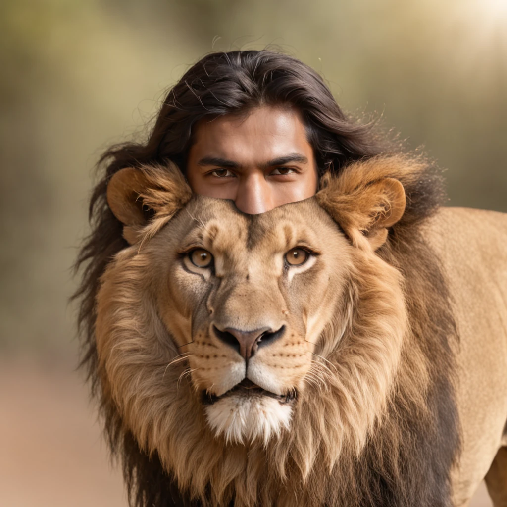 fierce angey snarling Lion attacking a, handsome Indian skin blogger smiling man,glowing skin, jungle, volumetric lighting