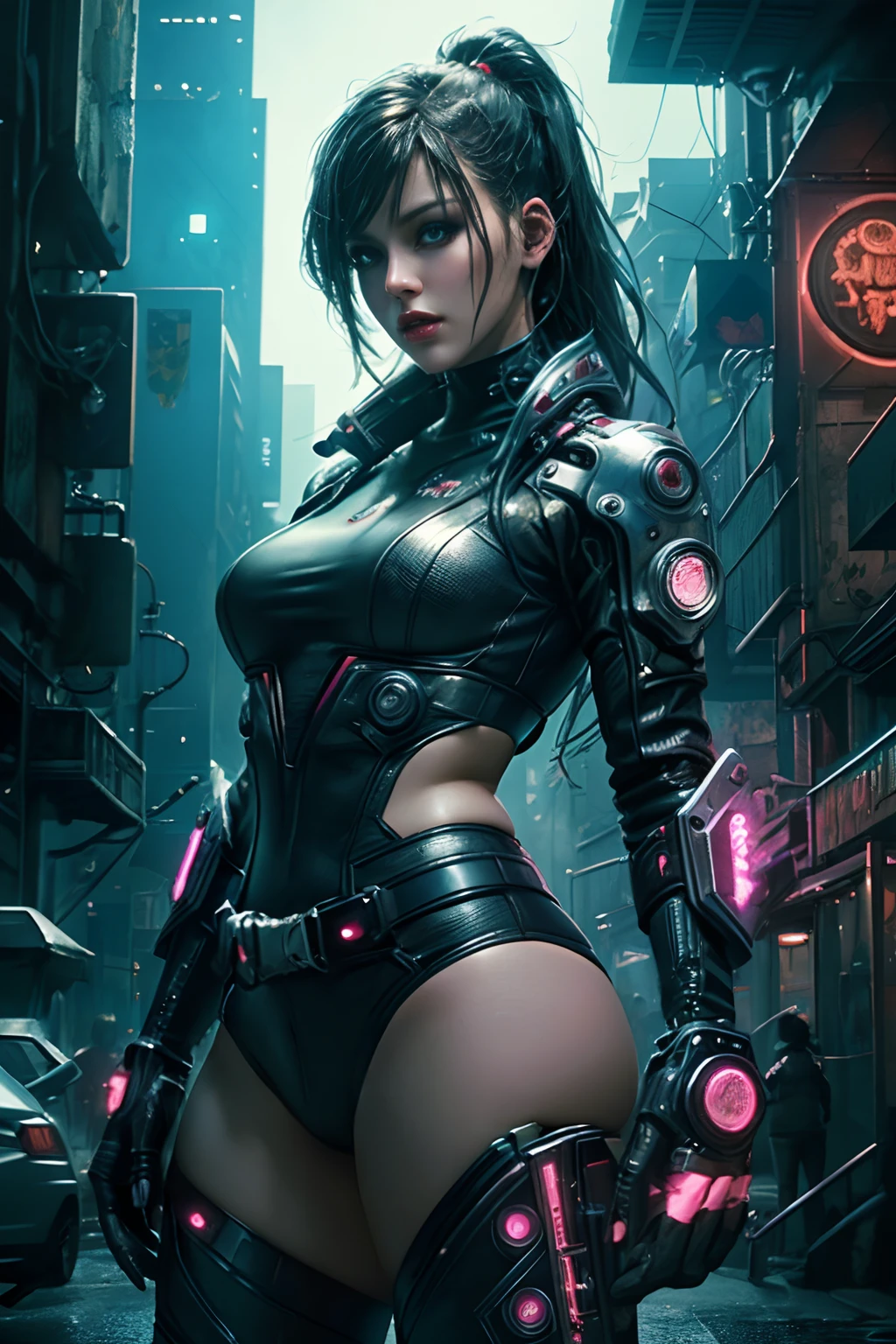 cyber punk Girl,(top-quality、8K、32K、masterpiece)、(The ultra -The high-definition)、(Photorealsitic:1.4), dynamic pose, cowboy shot, cyberpunk fashion,depth of fields, cyberpunk city background, cinematic lighting.