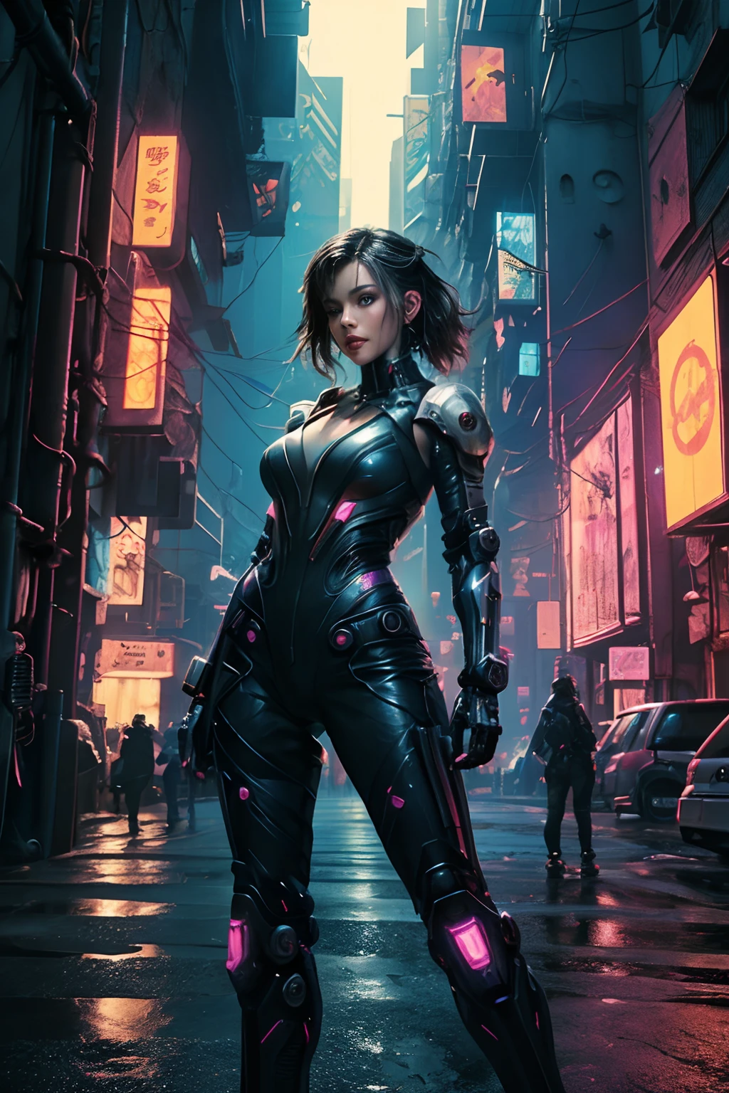 cyber punk Girl,(top-quality、8K、32K、​masterpiece)、(The ultra -The high-definition)、(Photorealsitic:1.4), dynamic pose, cowboy shot, cyberpunk fashion,depth of fields, cyberpunk city background, cinematic lighting.