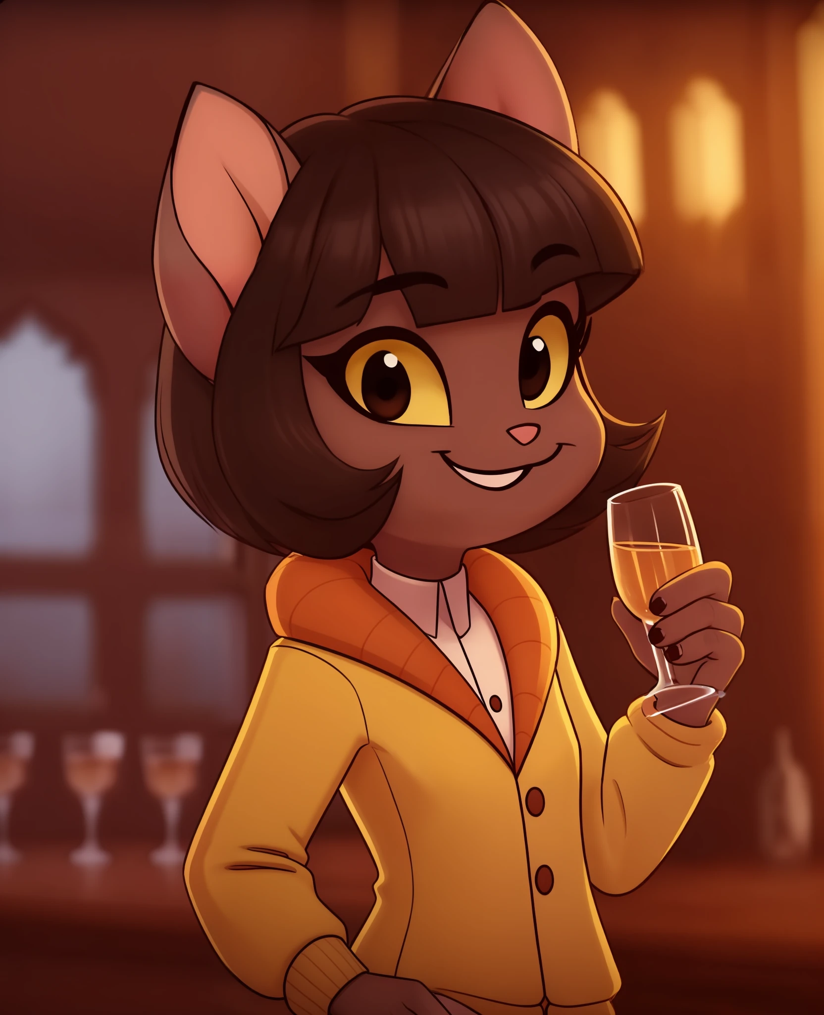 female, (Detailed face), (solo:1.1), [(thin:1.1) : small petite : (ivy pepper):4], (Detailed face), (more details, detailed background:1.1), (tail:1.1), smile, holding a glass in hand,