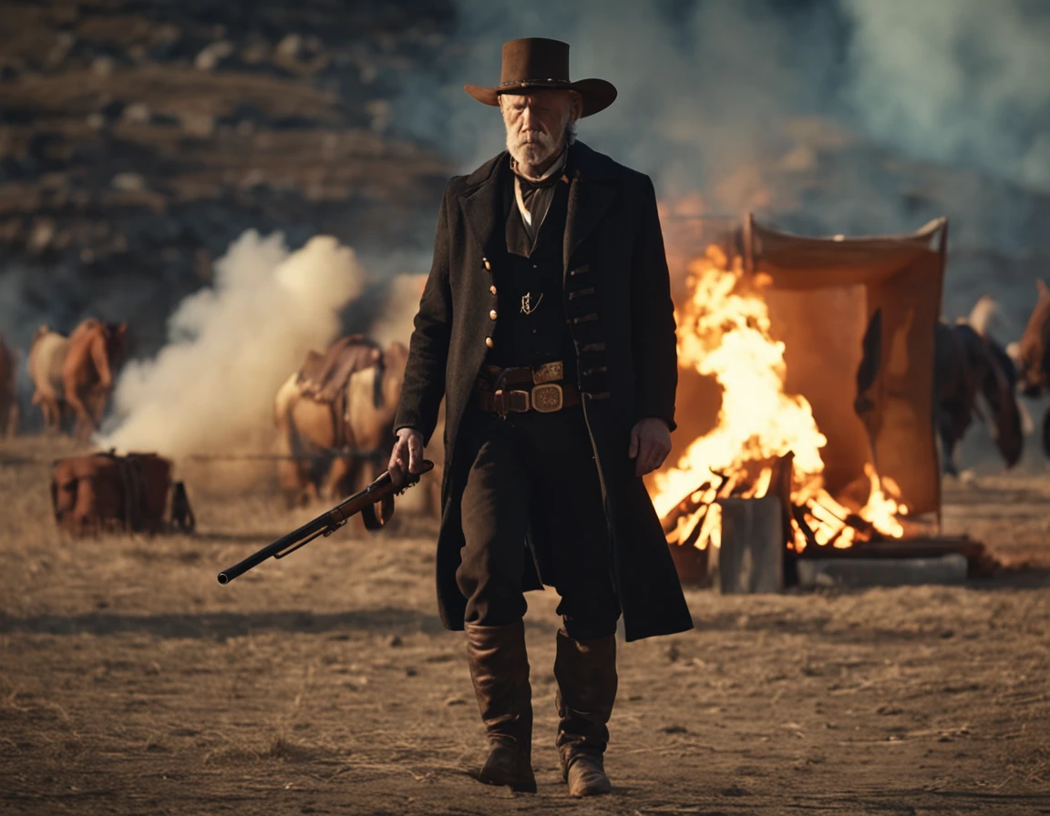 - Old West American -- Desenho -- focus on nordic red-haired man smoking cigar, sheriff wearing black overcoat and gold star on chest waiting for duel in wild west, two bands of cowboys with pistols in hands, bonfire and shelter with tents, Realistic, Cinematic
 - Realistic - Cinematic - 4k -- air 16:9