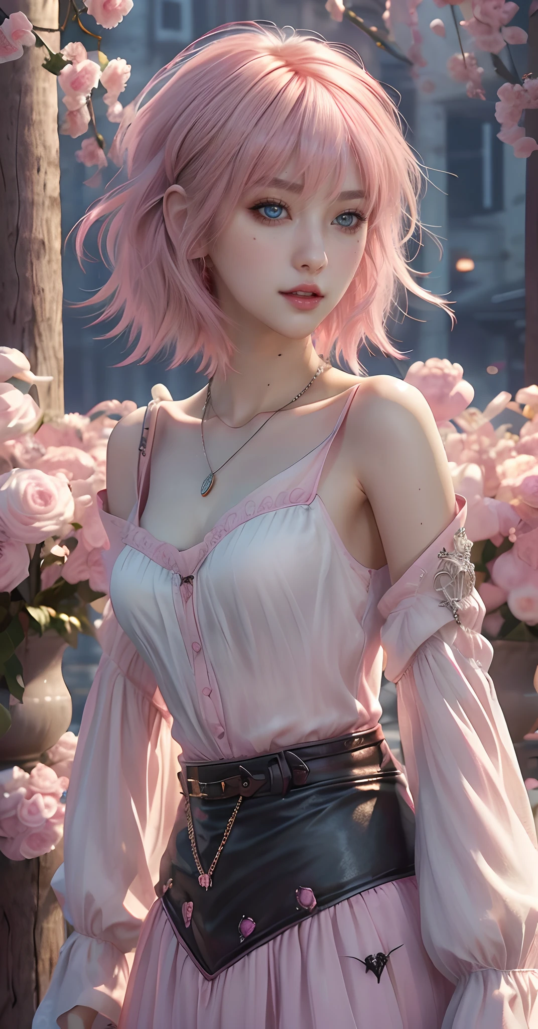 masterpiece, top-quality, ((1womanl)), Adults, different color, finely eye and detailed face, intricate detailes, Casual black and white attire((Sexy clothes)), window, A smile, Happiness, tenderness, high-level image quality、 selfee, Beautuful Women、tall、a small face, D-cups, The upper part of the body、nightfall, nighttime scene、𝓡𝓸𝓶𝓪𝓷𝓽𝓲𝓬、Korea person, Idol Photos, Model photo, k pop, Professional Photos, Vampires, Korean fashion in black and white, Fedoman with necklace, inspired by Sim Sa-jeong, androgynous vampire, :9 detailed face: 8, extra detailed face, detailed punk hair, ((eyes are brown)) baggy eyes, Seductive. Highly detailed, semi realistic anime, Vampires, hyperrealistic teen, Delicate androgynous princess, imvu, ((short hair woman)), Pink hair woman with wild look, Sexy look, ((Woman with short pink hair)), ((1 persons))