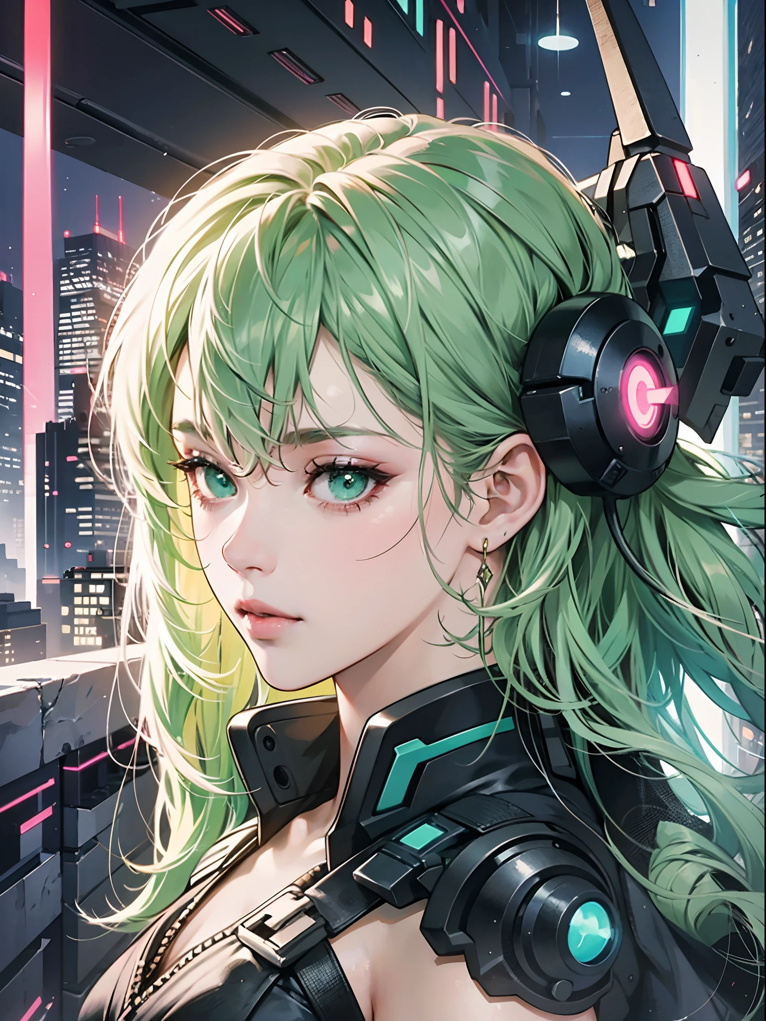 Um retrato que destaca meio corpo de uma garota de cabelos pretos com uma mecha azul e olhos verdes. She is wearing a black dress with gold details in the cyberpunk style. The lighting emphasizes your green eyes, while the setting is inspired by a futuristic and neon atmosphere. O artista Hajime Sorayama traz seu hiper-realismo futurista para a pintura digital, using chrome tones and ultra-precise details to create a stunning depiction of the girl. The main colors are black, electric blue and neon green --auto --s2