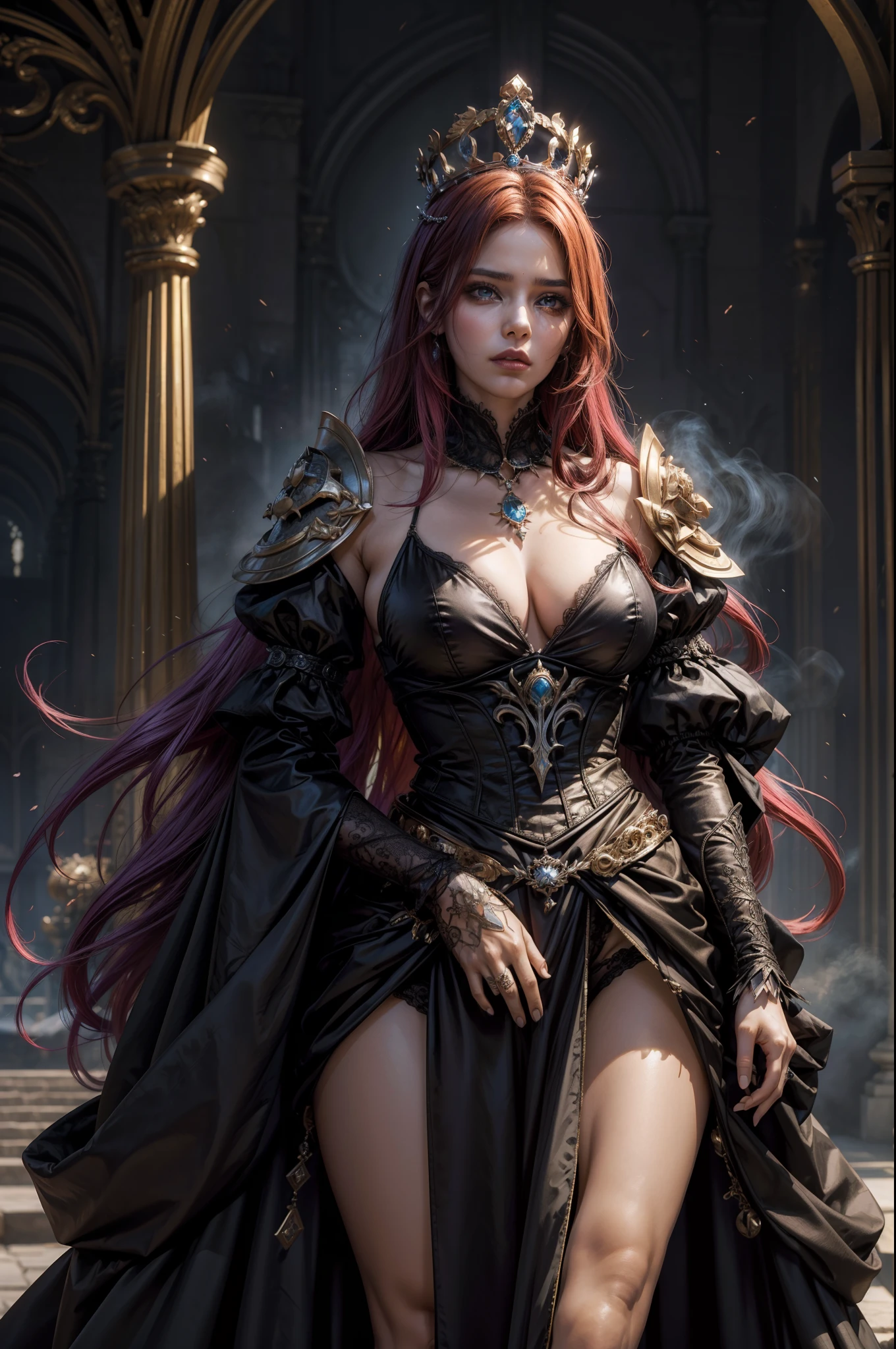(obra maestra) (La mejor calidad) La diosa de la locura. Has a mocking and sinister expression., Lleva ropa hecha jirones, He wears a tarnished crown and stands on a shattered throne......... She is surrounded by a wind of chaotic fumes of strange colors......... (pechos grandes)
