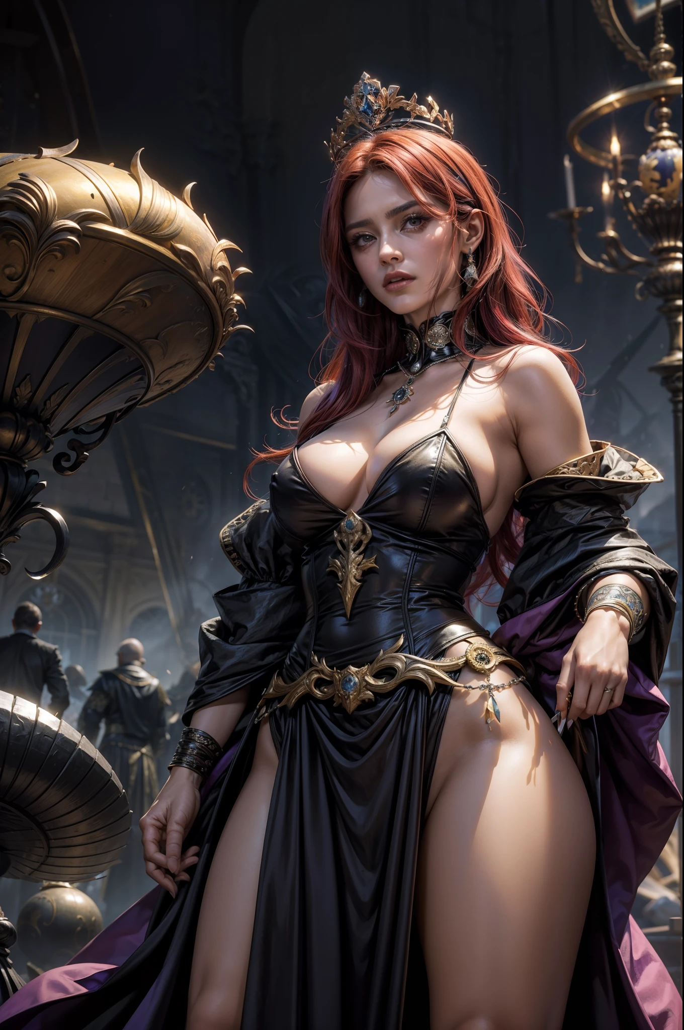 (obra maestra) (La mejor calidad) La diosa de la locura. Has a mocking and sinister expression., Lleva ropa hecha jirones, He wears a tarnished crown and stands on a shattered throne......... She is surrounded by a wind of chaotic fumes of strange colors......... (pechos grandes)