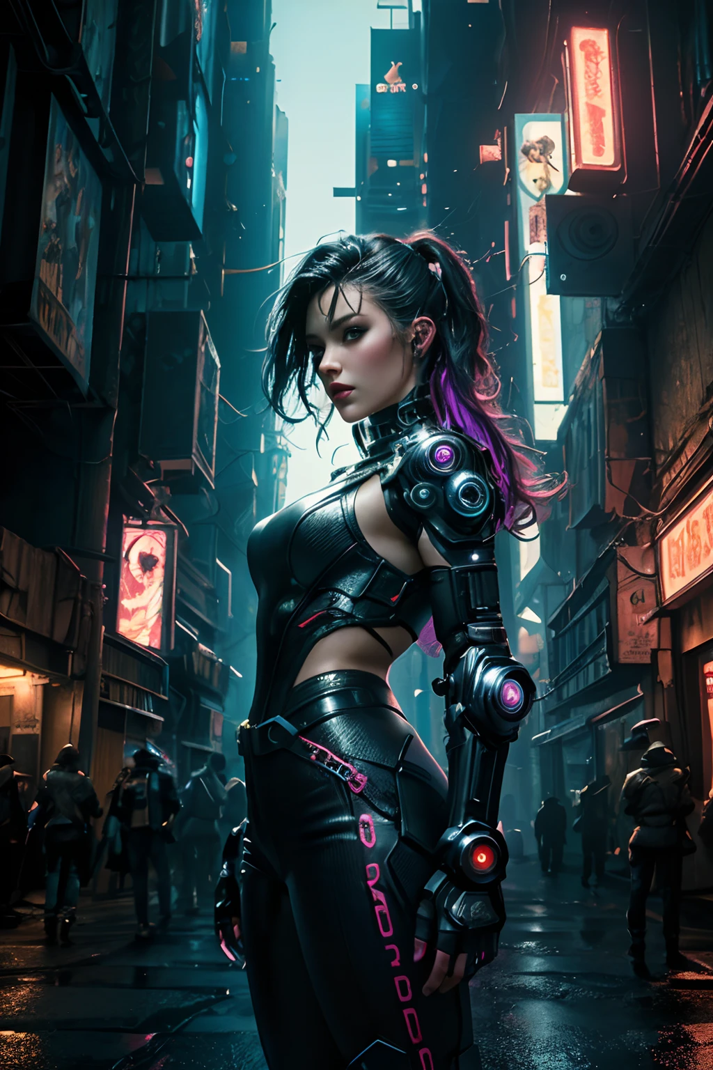 cyber punk Girl,(top-quality、8K、32K、​masterpiece)、(The ultra -The high-definition)、(Photorealsitic:1.4), dynamic pose, cowboy shot, cyberpunk fashion,depth of fields, cyberpunk city background, cinematic lighting.