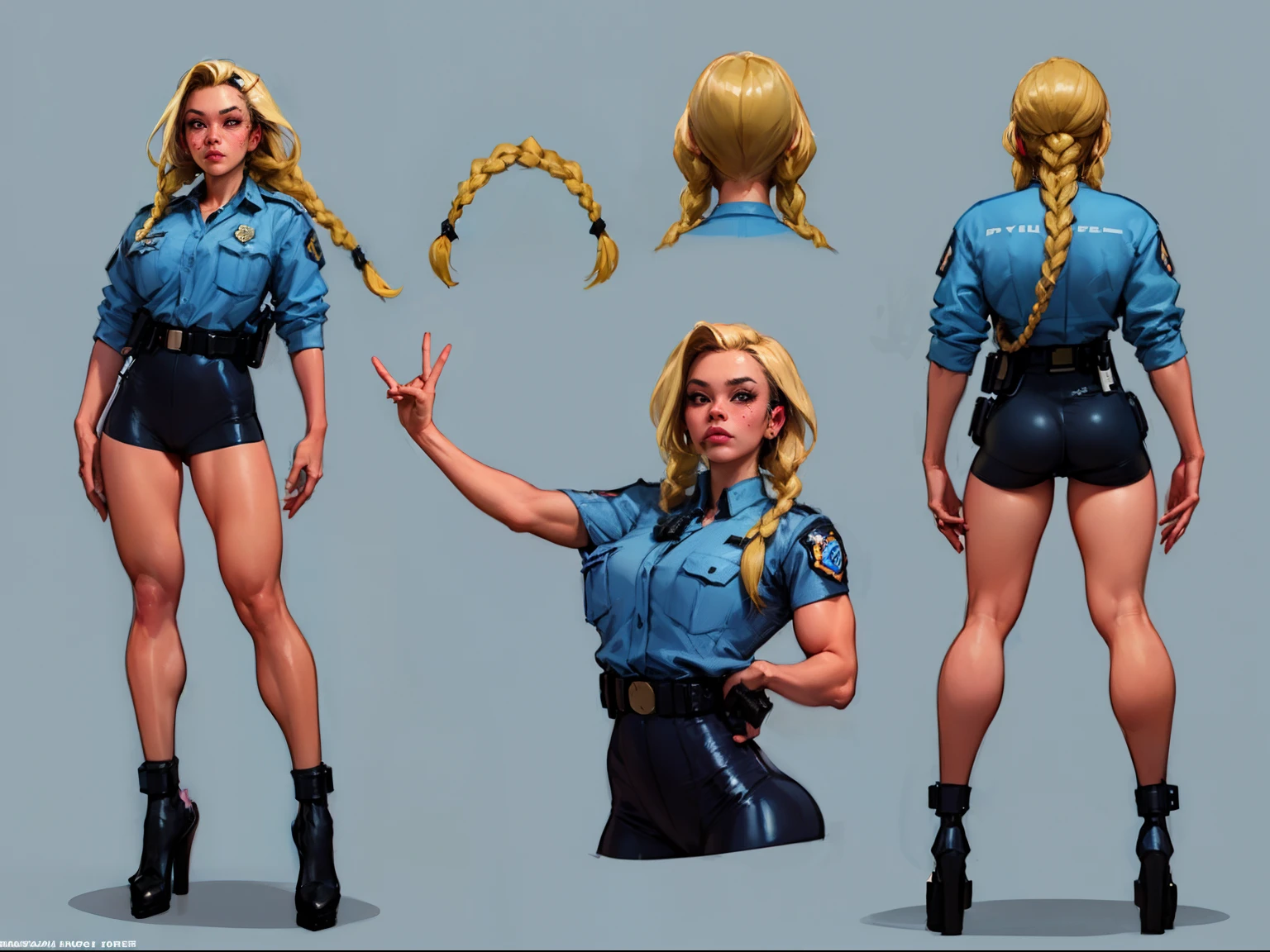 ((masterpiece)),(((best quality))),((character design sheet)), illustration,1woman, environment Scene change, (long braided hair:1.4),((cyberpunk police officer:1.5)), muscular, black legs, thick legs, (pale skin:1.3)scribbles and marks, light blue shirt, ((detailed face:1.1)), rough sketches, (puffy lips:1.4), pose too, ((brunette hair:1.2)), (police officer outfit:1.3) , 8k,16k, (simple background, light background: 1.3)