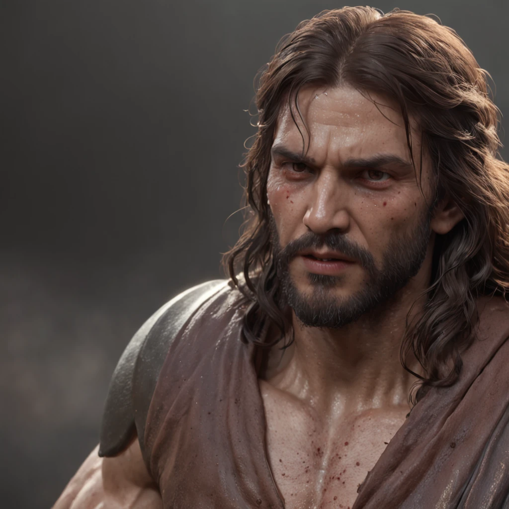 (Professional 3D rendering:1.3) de (Realistic:1.3) jesus descendo do ceu，Features soft, bright male heroes, ((Epic hero fantasy rough muscular man wet hero angry look long hair short beard and fierce expression in dynamic pose, fantastic location, majestoso ambiente desordenado)), corpo inteiro 8k unidade render, action shot, poros da pele, very dark lighting, sombreamento pesado, circunstanciado, Rosto detalhado, (vibrante, fotogrdeia realista, Realistic, Dramatic, Escuro, foco nítido, 8k), (Old leather clothes damaged by bad weather:1.4), ((((Use peles)))), (intrincado:1.4), decadente, (altamente detalhado:1.4), pintura digital, rendering by octane, art stations, Conceito-Arte, liso, foco nítido, illustration, germe da arte, (Loish:0.23), Wlop Ilya Kuvshinov, e Greg Rutkowski e Alphonse Mucha Gracias, (global ilumination, studiolight, Light Volumetric), chuva forte, floating particles, patife, fantasia, Onze, corpo inteiroesbian, ((Fundo escuro e antigo da cidade:1.3)),CGSesociedade,art stations