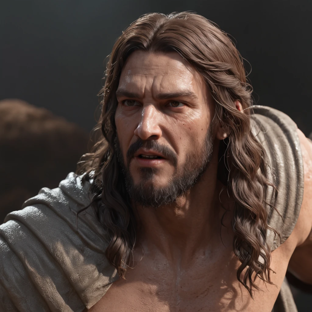 (Professional 3D rendering:1.3) de (Realistic:1.3) jesus descendo do ceu,Features soft, bright male heroes, ((Epic hero fantasy rough muscular man wet hero angry look long hair short beard and fierce expression in dynamic pose, fantastic location, majestoso ambiente desordenado)), corpo inteiro 8k unidade render, action shot, poros da pele, very dark lighting, sombreamento pesado, circunstanciado, Rosto detalhado, (vibrante, fotogrdeia realista, Realistic, Dramatic, Escuro, foco nítido, 8k), (Old leather clothes damaged by bad weather:1.4), ((((Use peles)))), (intrincado:1.4), decadente, (altamente detalhado:1.4), pintura digital, rendering by octane, art stations, Conceito-Arte, liso, foco nítido, illustration, germe da arte, (Loish:0.23), Wlop Ilya Kuvshinov, e Greg Rutkowski e Alphonse Mucha Gracias, (global ilumination, studiolight, Light Volumetric), chuva forte, floating particles, patife, fantasia, Onze, corpo inteiroesbian, ((Fundo escuro e antigo da cidade:1.3)),CGSesociedade,art stations