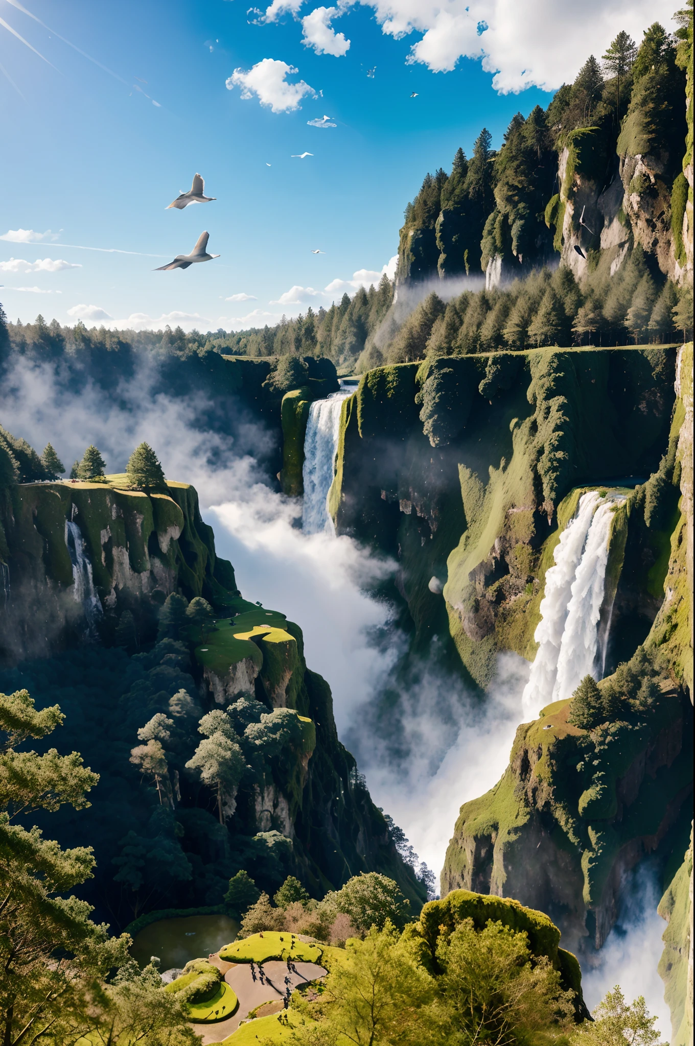 Flying on the cliff, above the very high waterfall, look down on the fluctuating pond, high sunlight, blue sky, white cloud, birds, forest, trees, 8K, masterpiece, best quality, high resolution, extremely full detailed